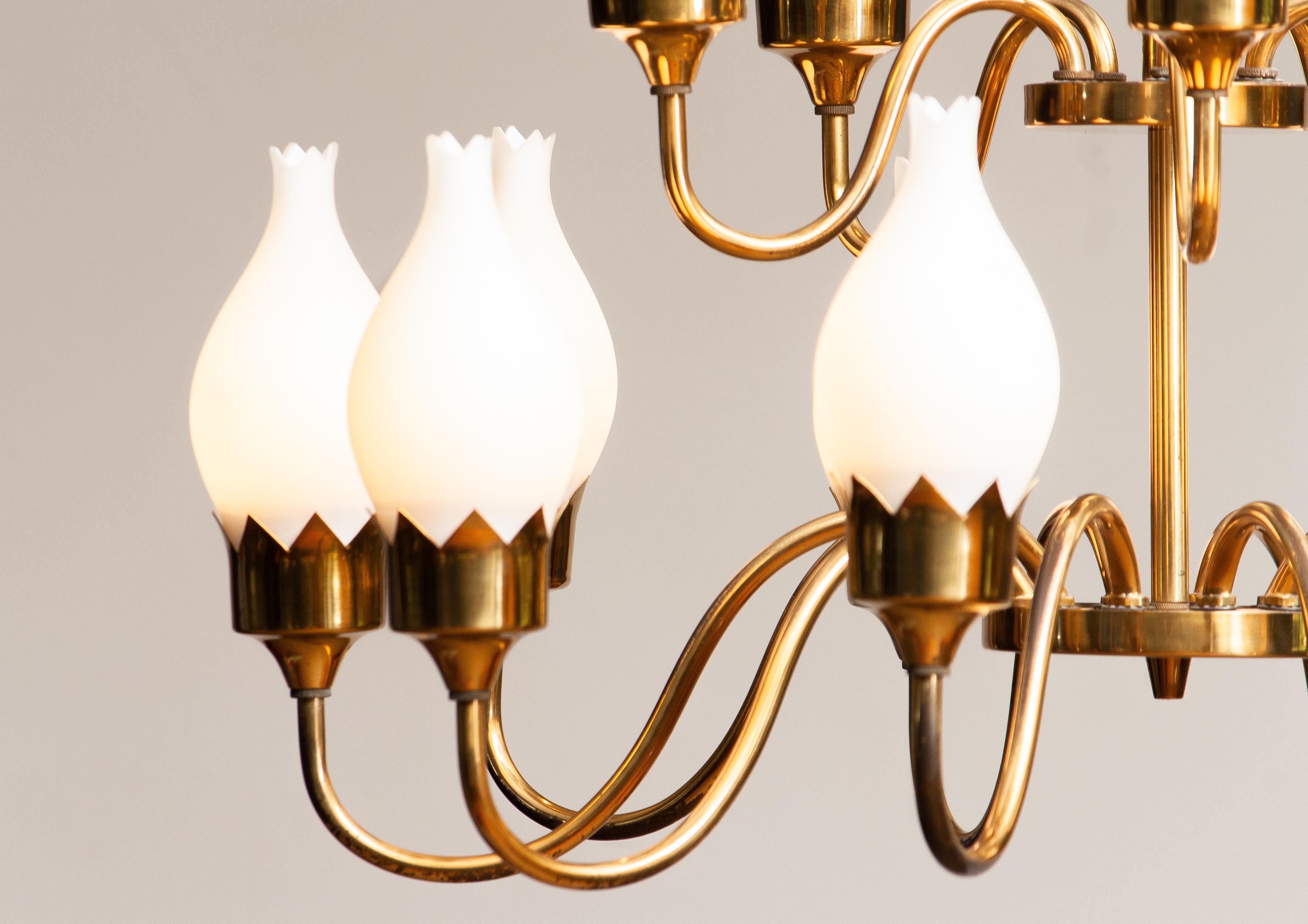 Mid-20th Century 1950s, Brass and White Glass Opaline Arm Chandelier by Fog & Mørup with Tulips