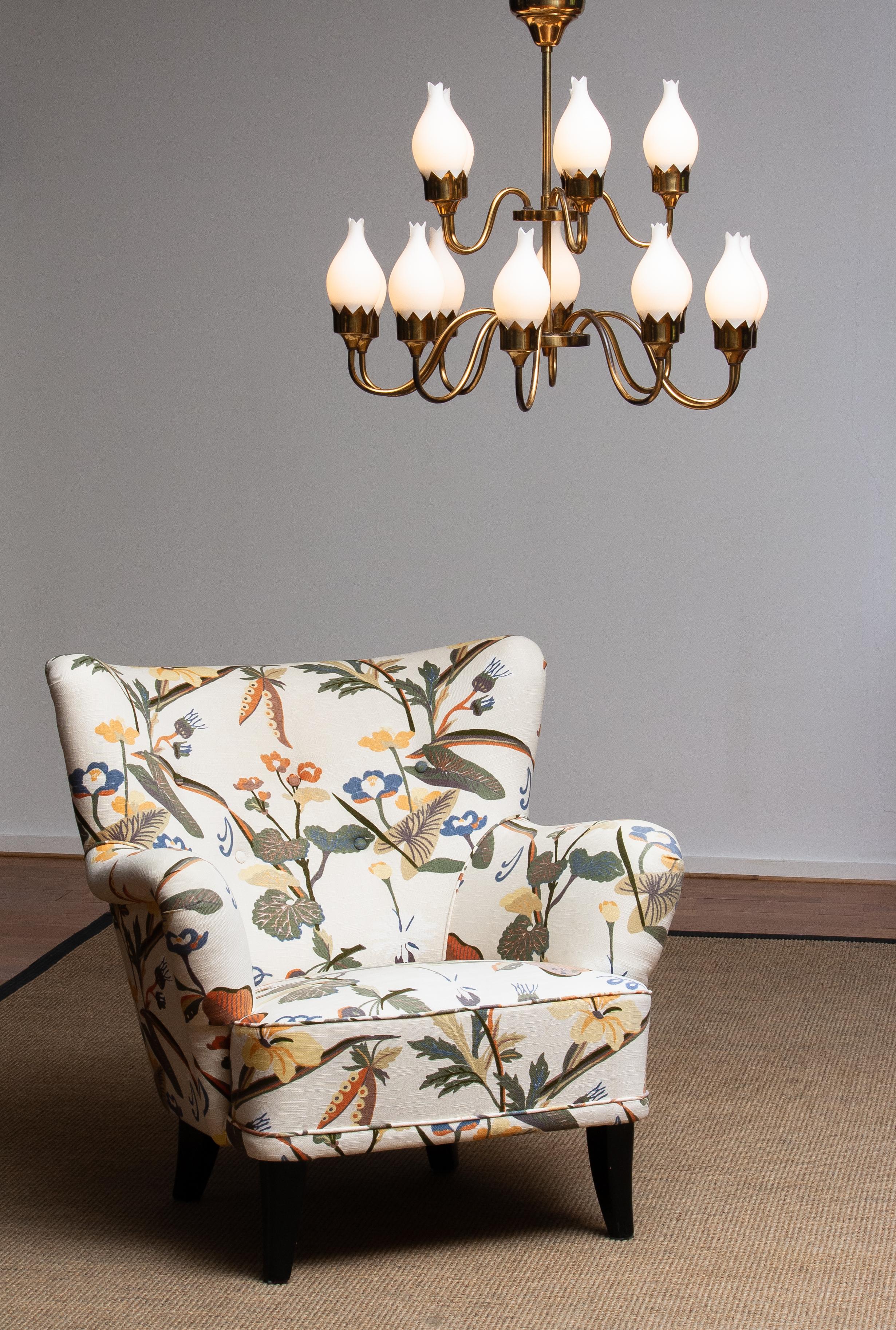 Mid-20th Century 1950s, Brass and White Glass Opaline Arm Chandelier by Fog & Mørup with Tulips