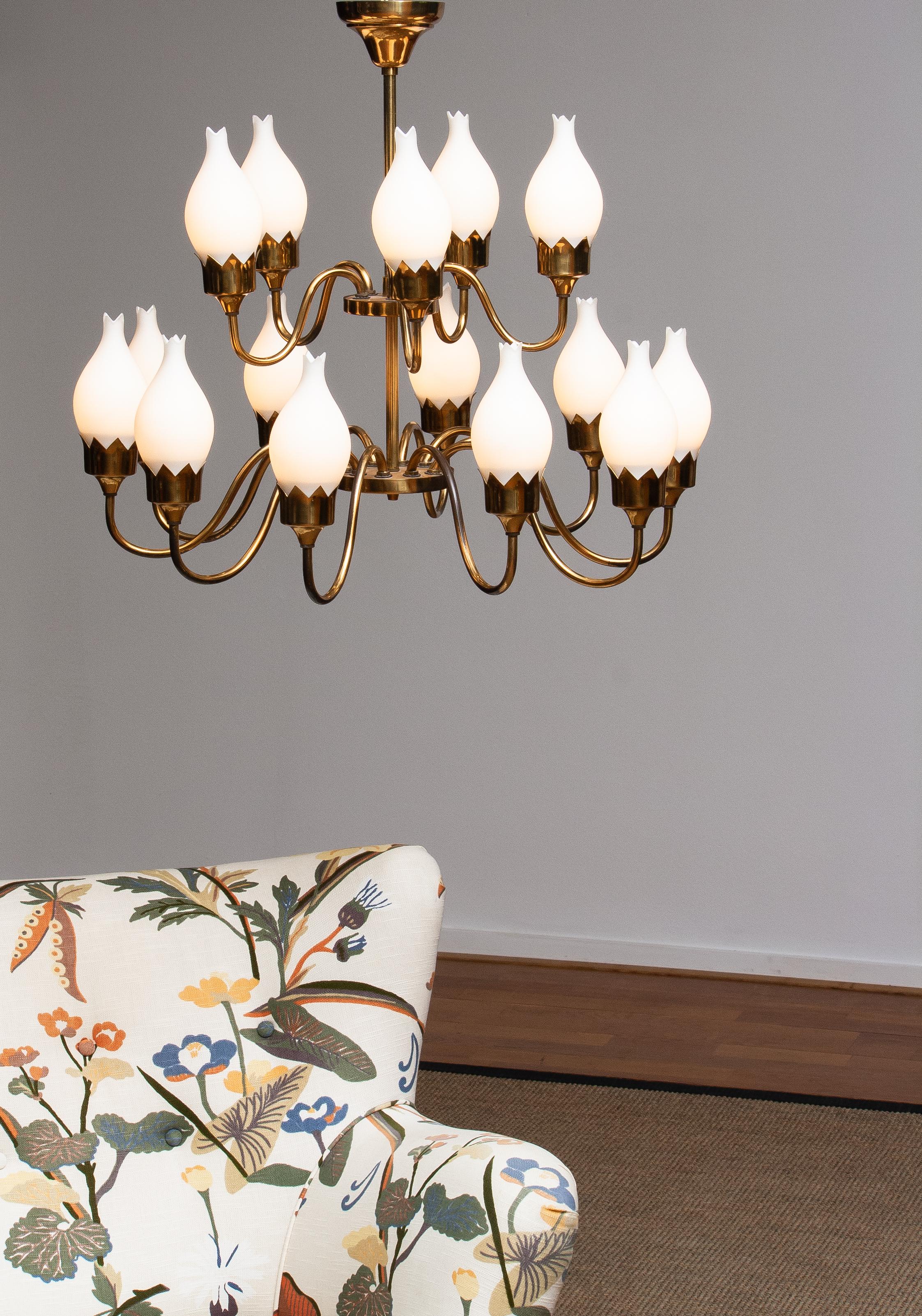 1950s, Brass and White Glass Opaline Arm Chandelier by Fog & Mørup with Tulips 1
