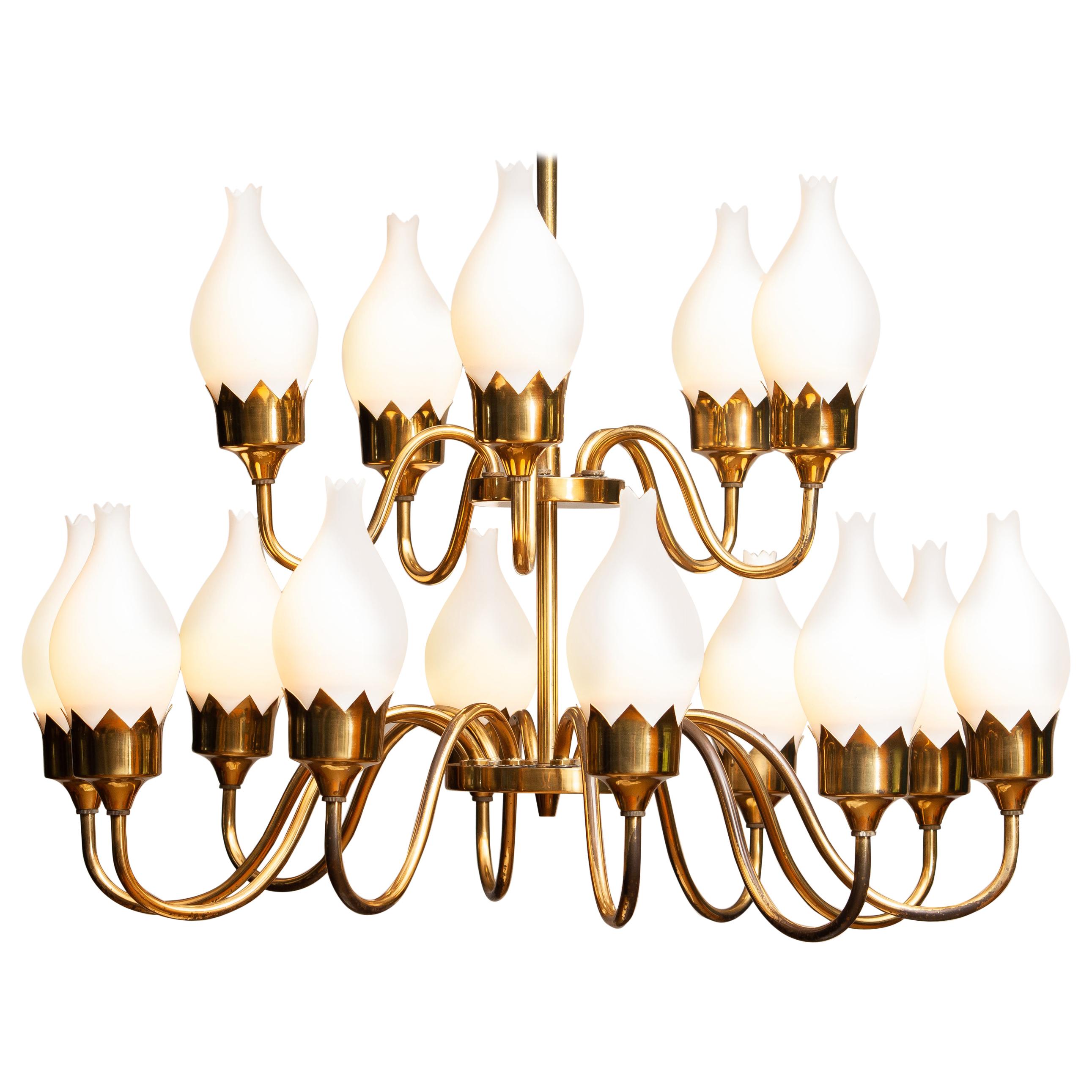 1950s, Brass and White Glass Opaline Arm Chandelier by Fog & Mørup with Tulips