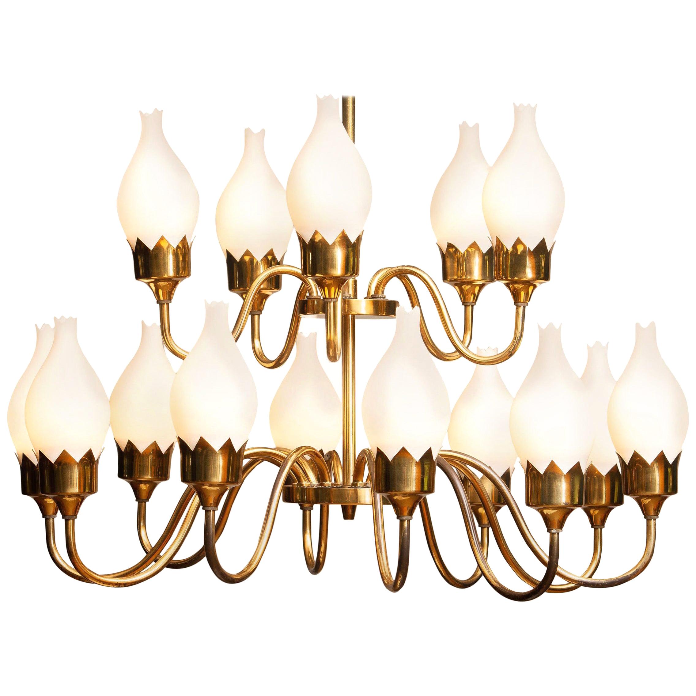 1950s, Brass and White Glass Opaline Arm Chandelier by Fog & Mørup with Tulips