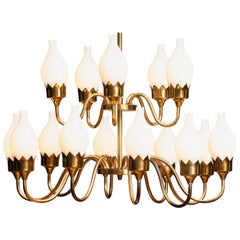 1950s, Brass and White Glass Opaline Arm Chandelier by Fog & Mørup with Tulips