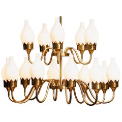 1950s, Brass and White Glass Opaline Arm Chandelier by Fog & Mørup with Tulips