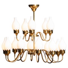 1950s, Brass and White Glass Opaline Arm Chandelier by Fog & Mørup with Tulips