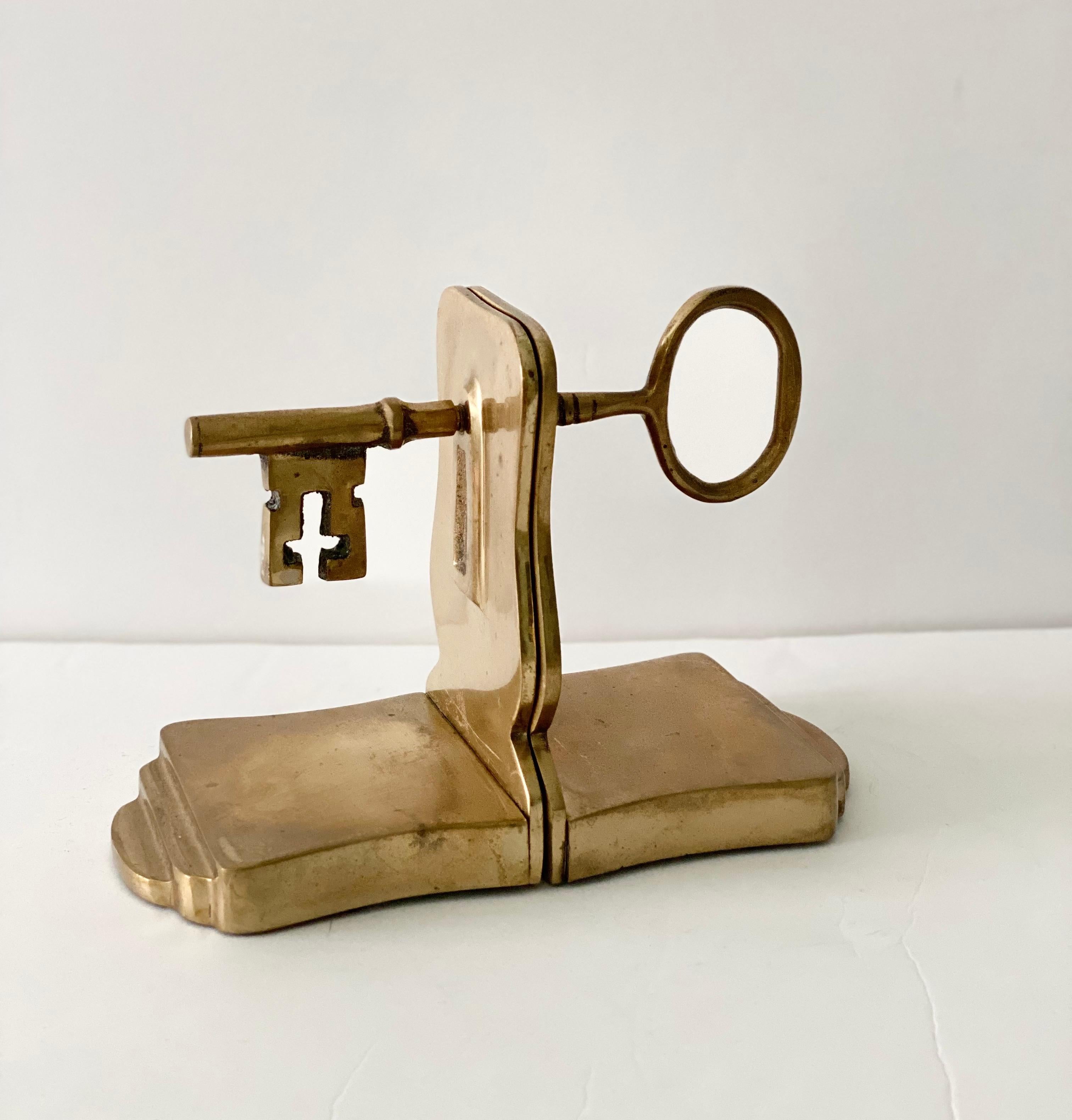 Mid-20th Century 1950s Brass Antique Bridge Ward Key Bookends – a Pair