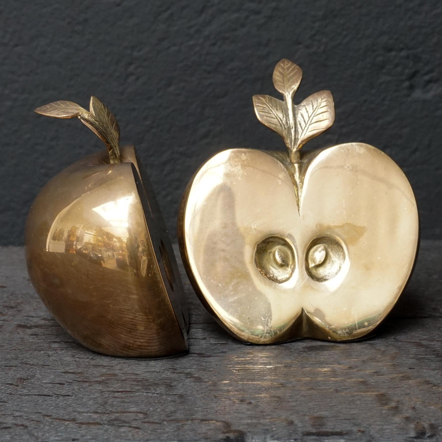 Hollywood Regency 1950s Brass Apple Bookends or Paperweights