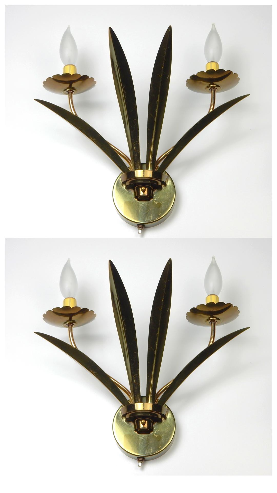 Mid-Century Modern 1950's Brass Botanical Sconces Lamps