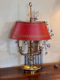 1950s Brass Bouillotte Lamp with Red Tole Shade