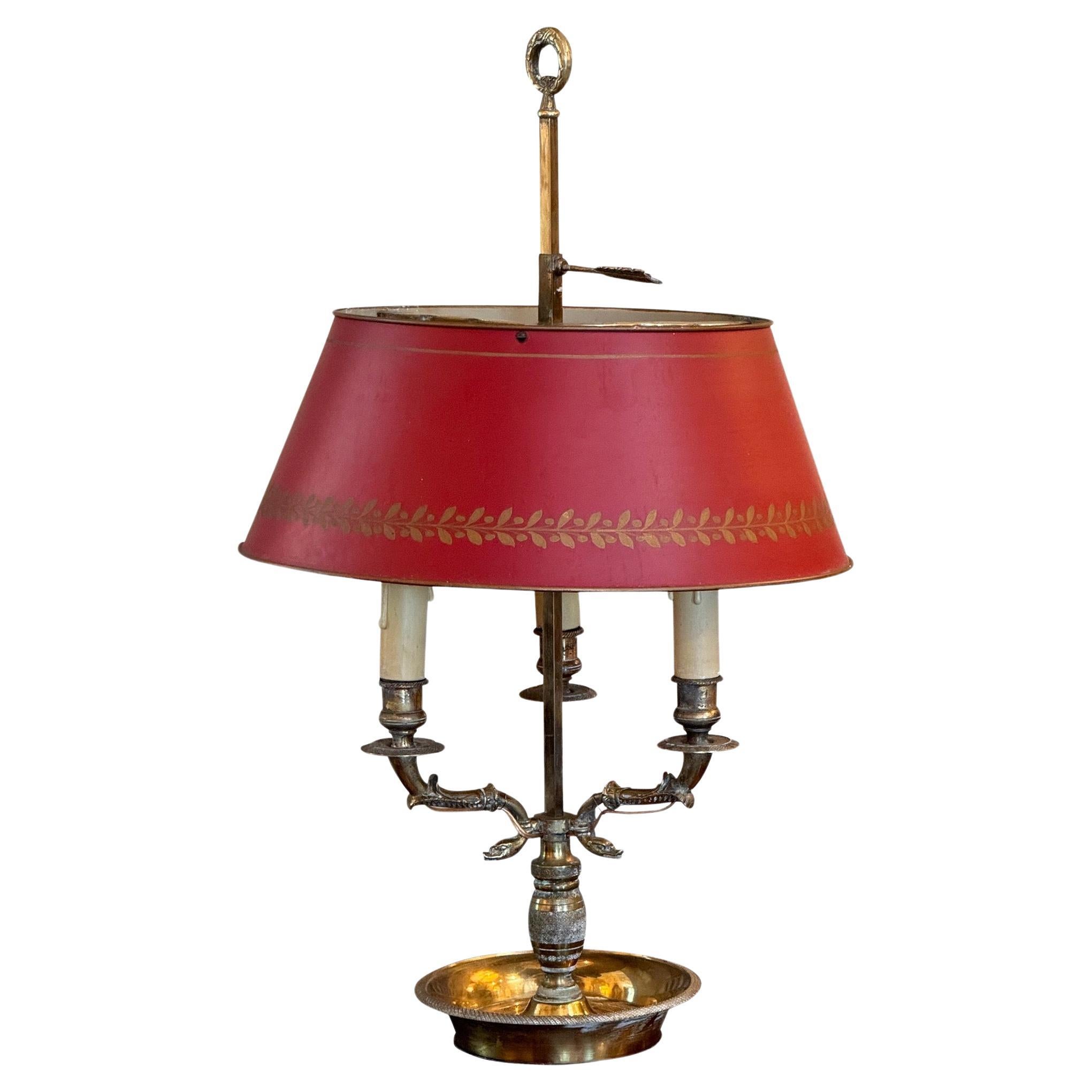 1950s Brass Bouillotte Lamp with Red Tole Shade