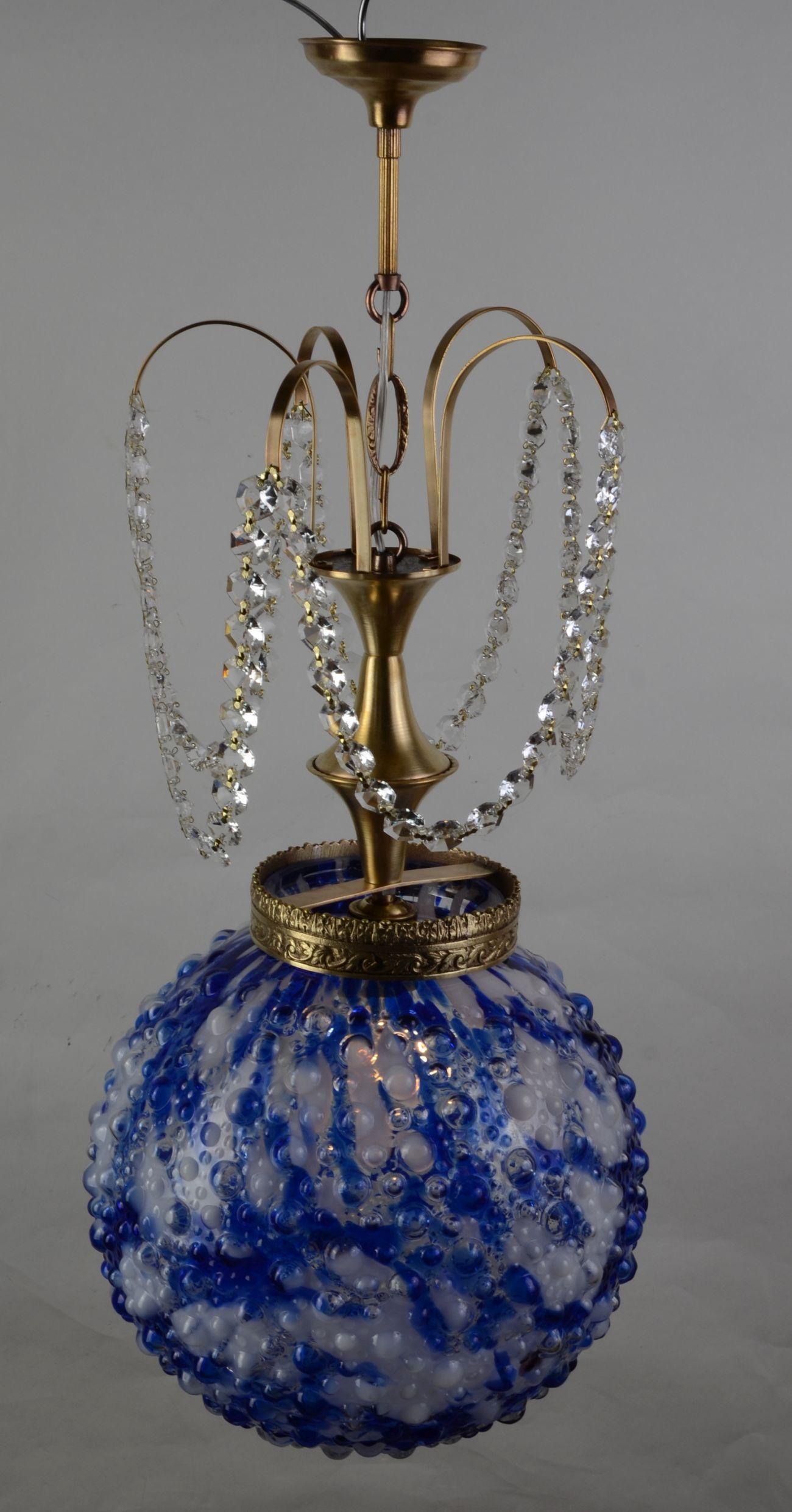 1950s Brass Ceiling Lamp with Original Murano Glass Lampshade, Spain 1
