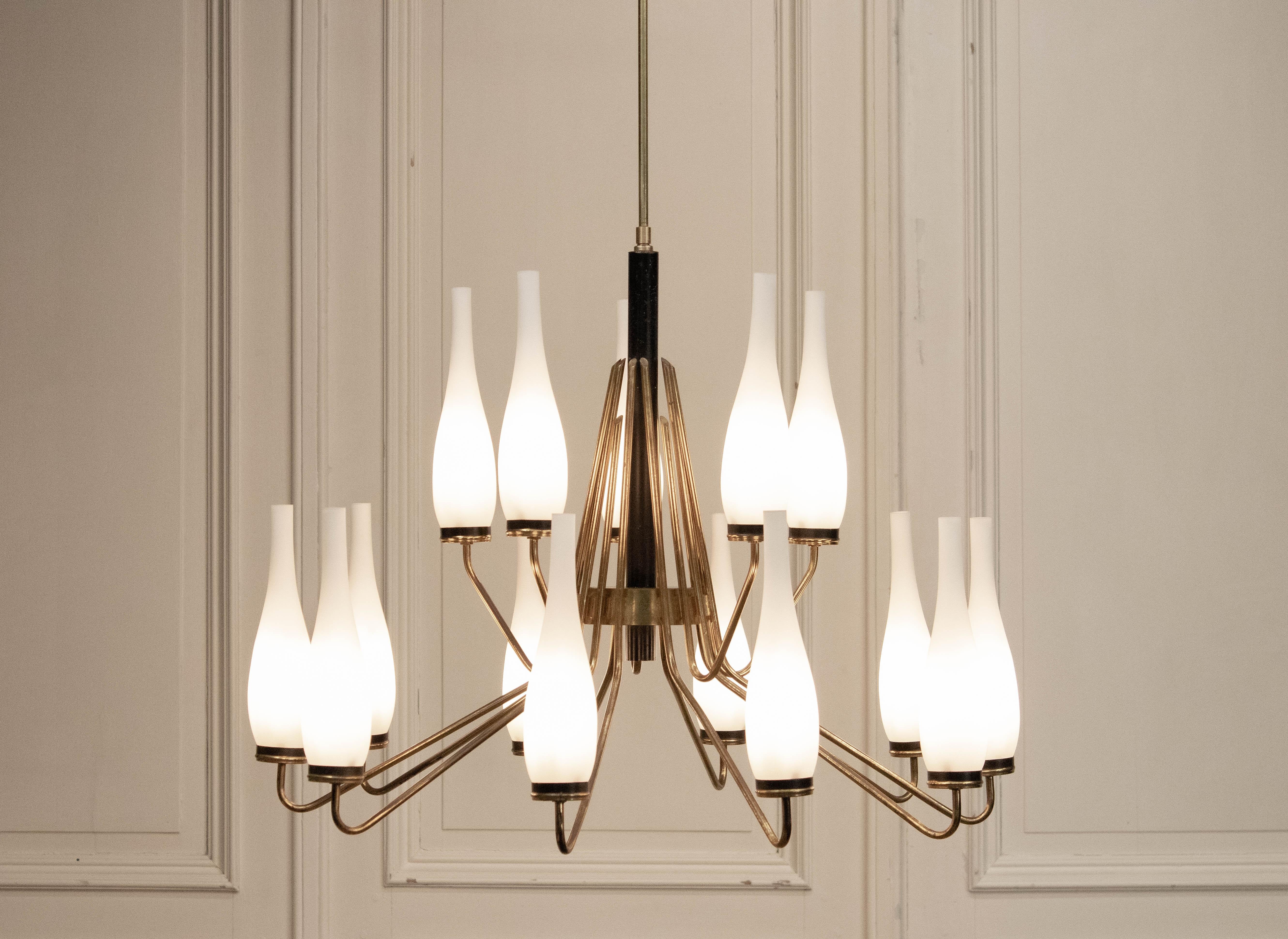 Mid-Century Modern 1950s, Brass Chandelier by Stilnovo, Italy For Sale