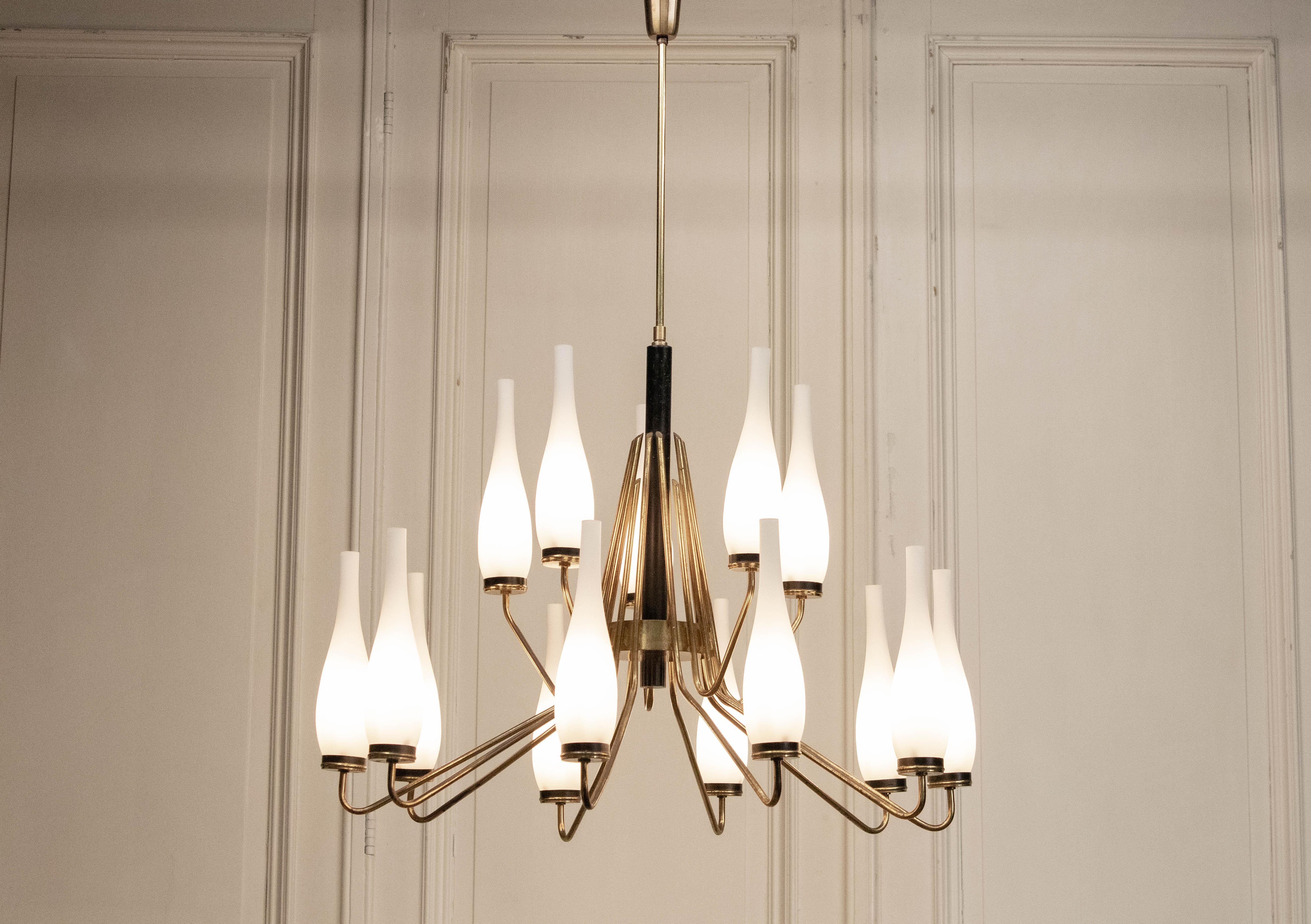 Italian 1950s, Brass Chandelier by Stilnovo, Italy For Sale