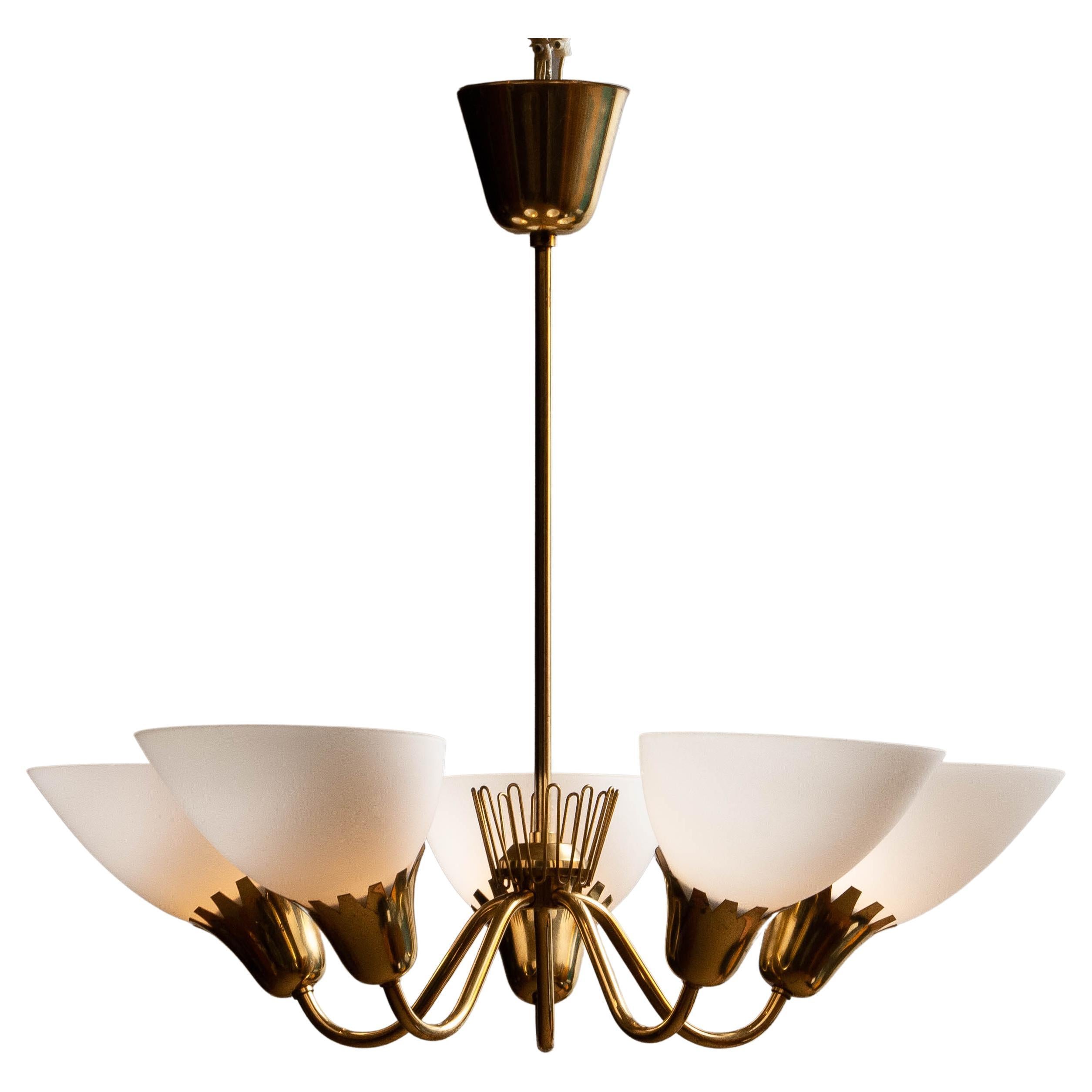 1950s Brass Chandelier Frosted Opal Glass Shades Attributed to Carl