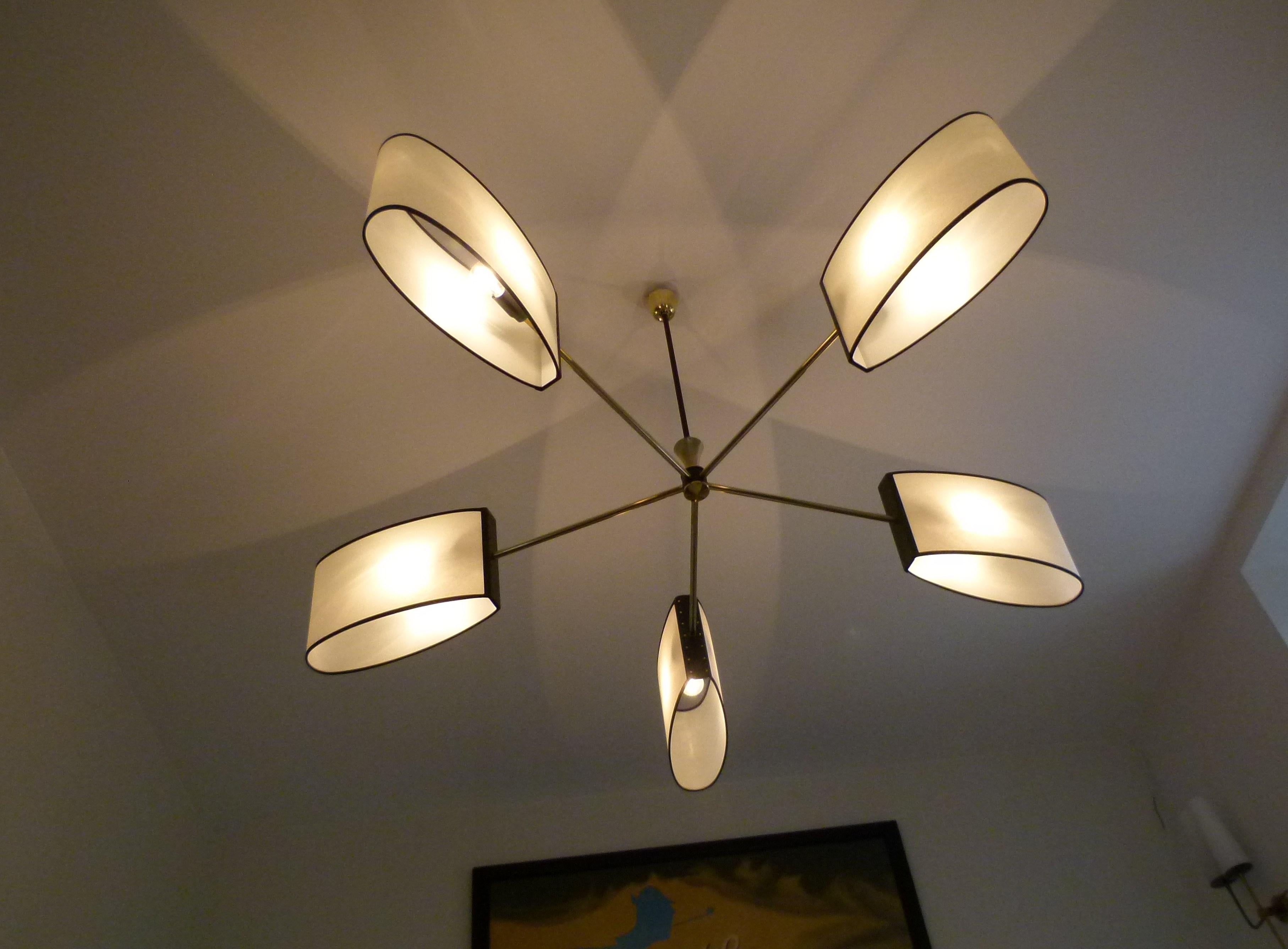 1950s Brass Chandelier with Five Lighted Arms by Maison Lunel 7