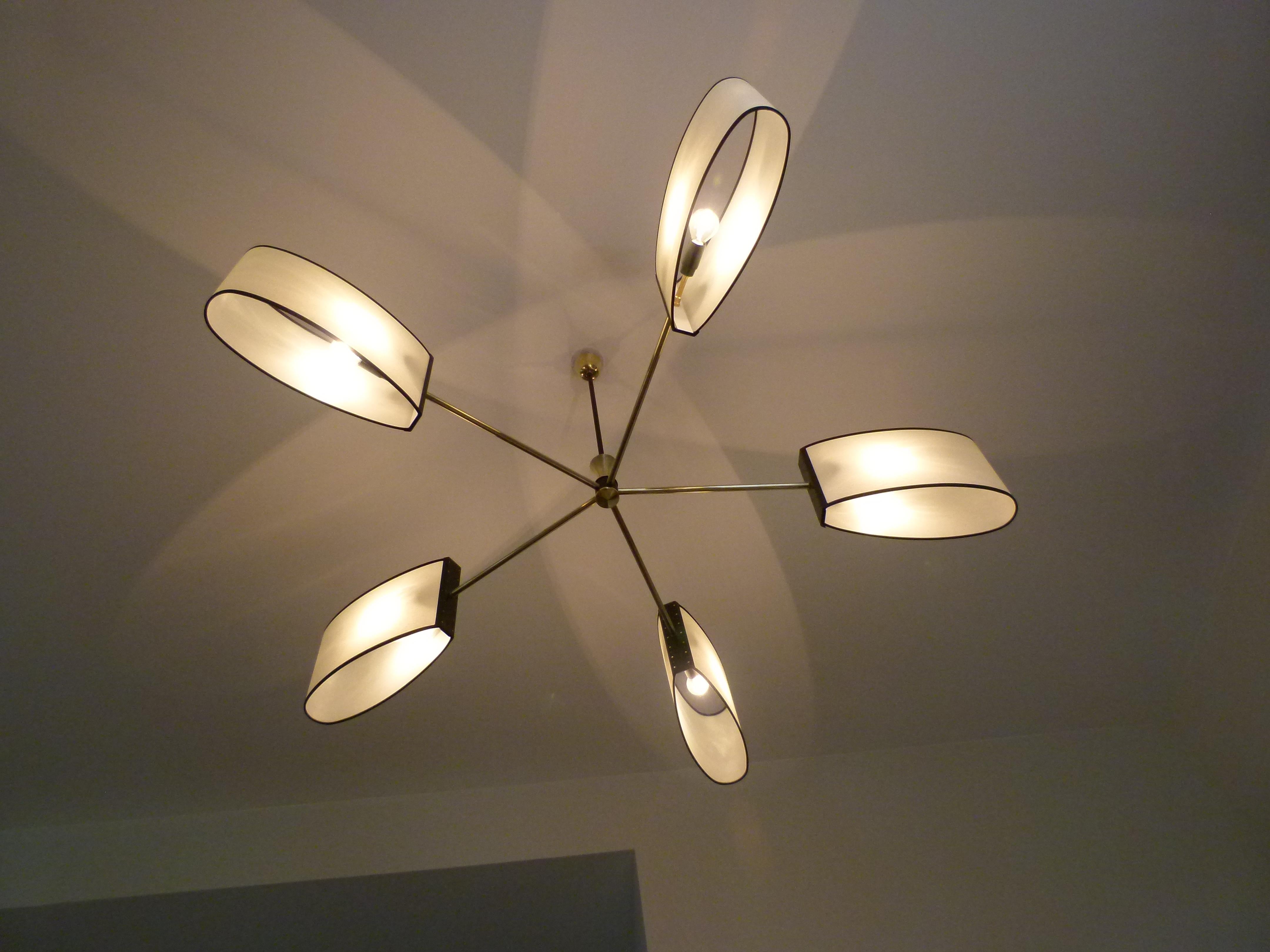 Mid-Century Modern 1950s Brass Chandelier with Five Lighted Arms by Maison Lunel