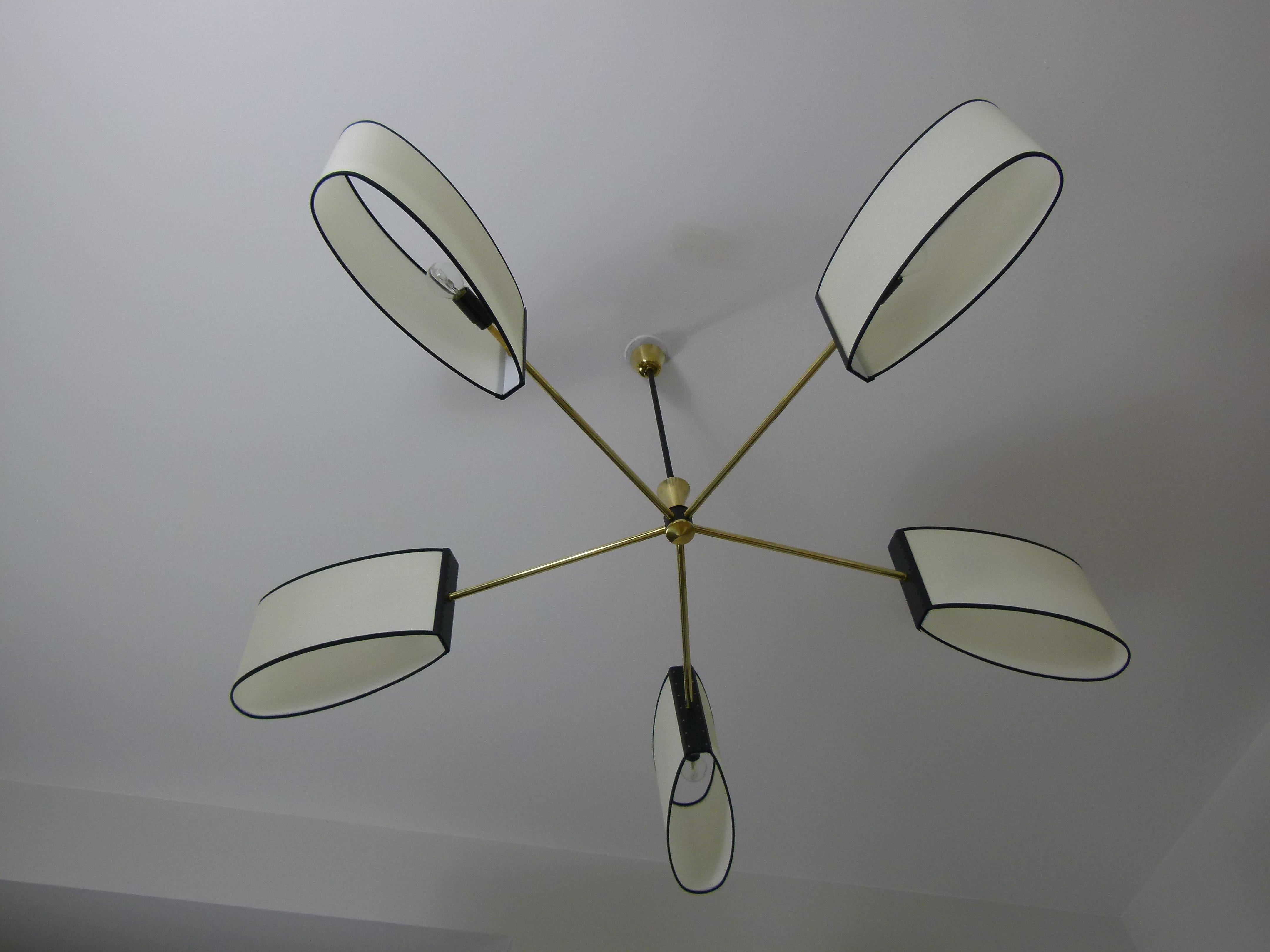 French 1950s Brass Chandelier with Five Lighted Arms by Maison Lunel