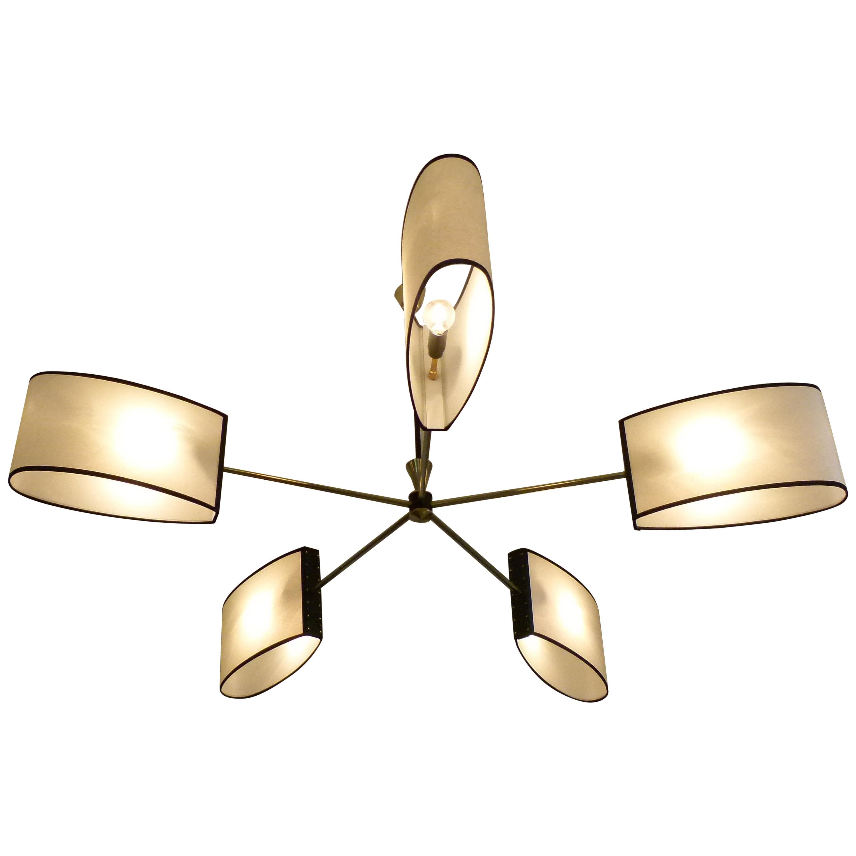 1950s Brass Chandelier with Five Lighted Arms by Maison Lunel