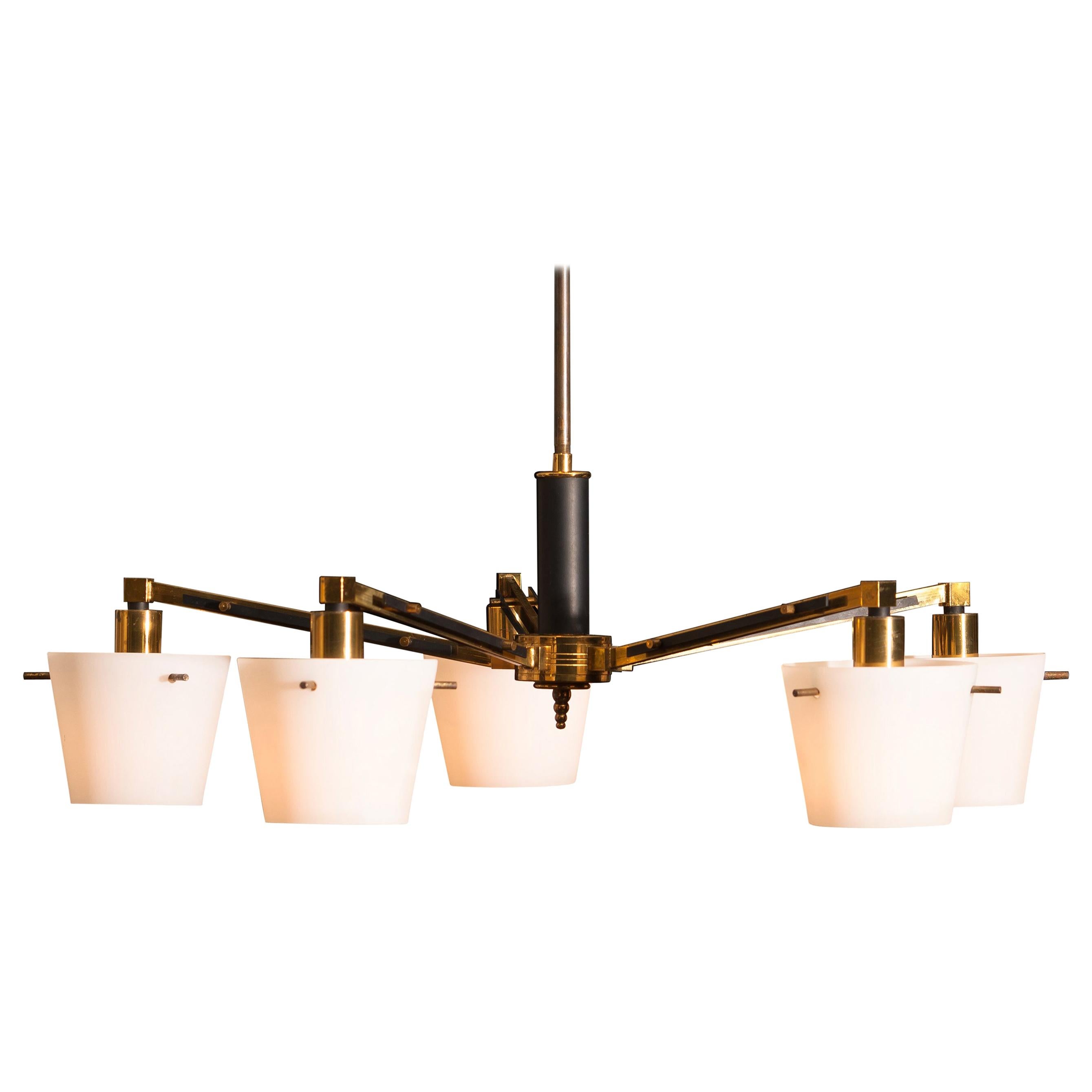 Mid-Century Modern 1950s, Brass Chandelier with Frosted with Glass Shades , Italy