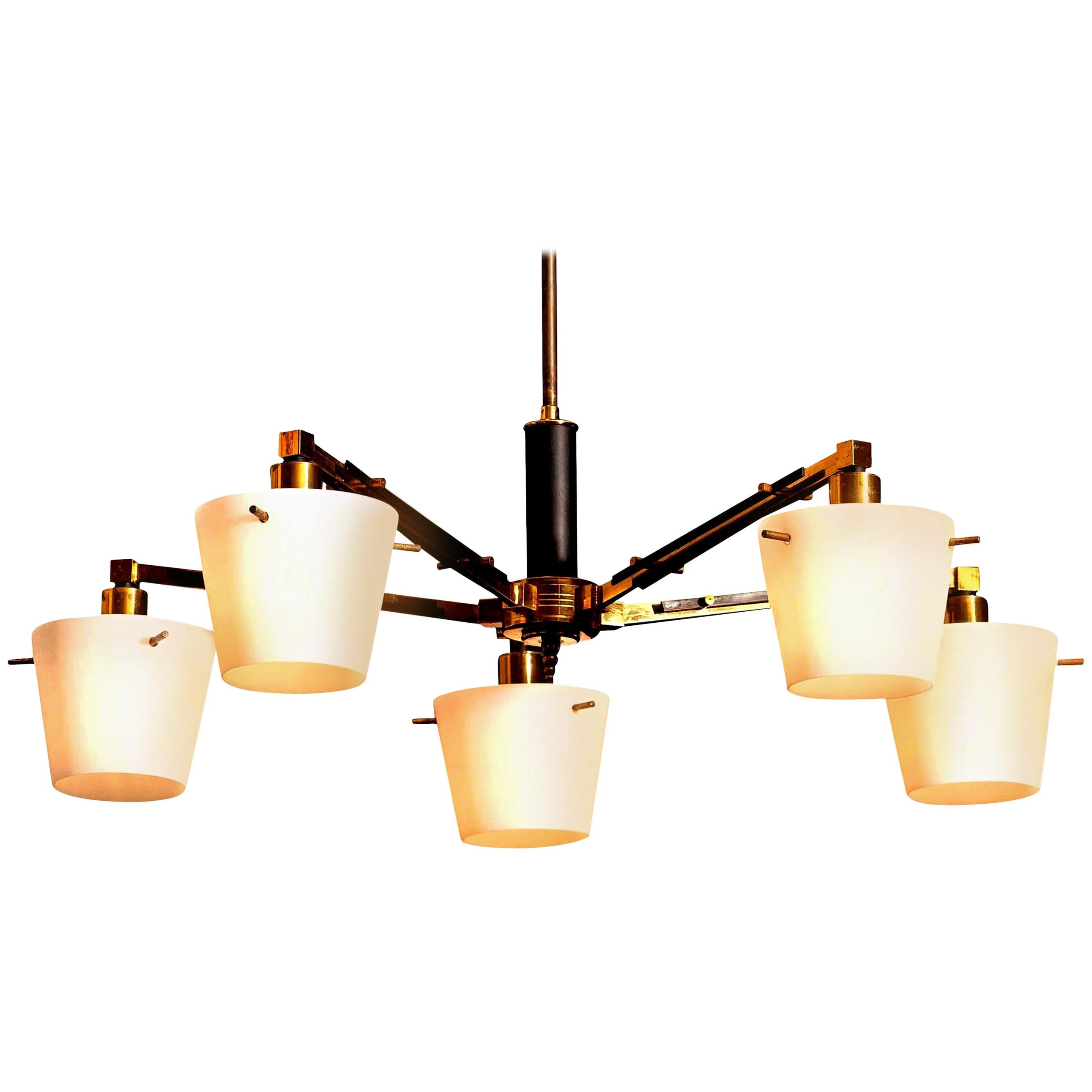1950s, Brass Chandelier with Frosted with Glass Shades by Stilnovo, Italy