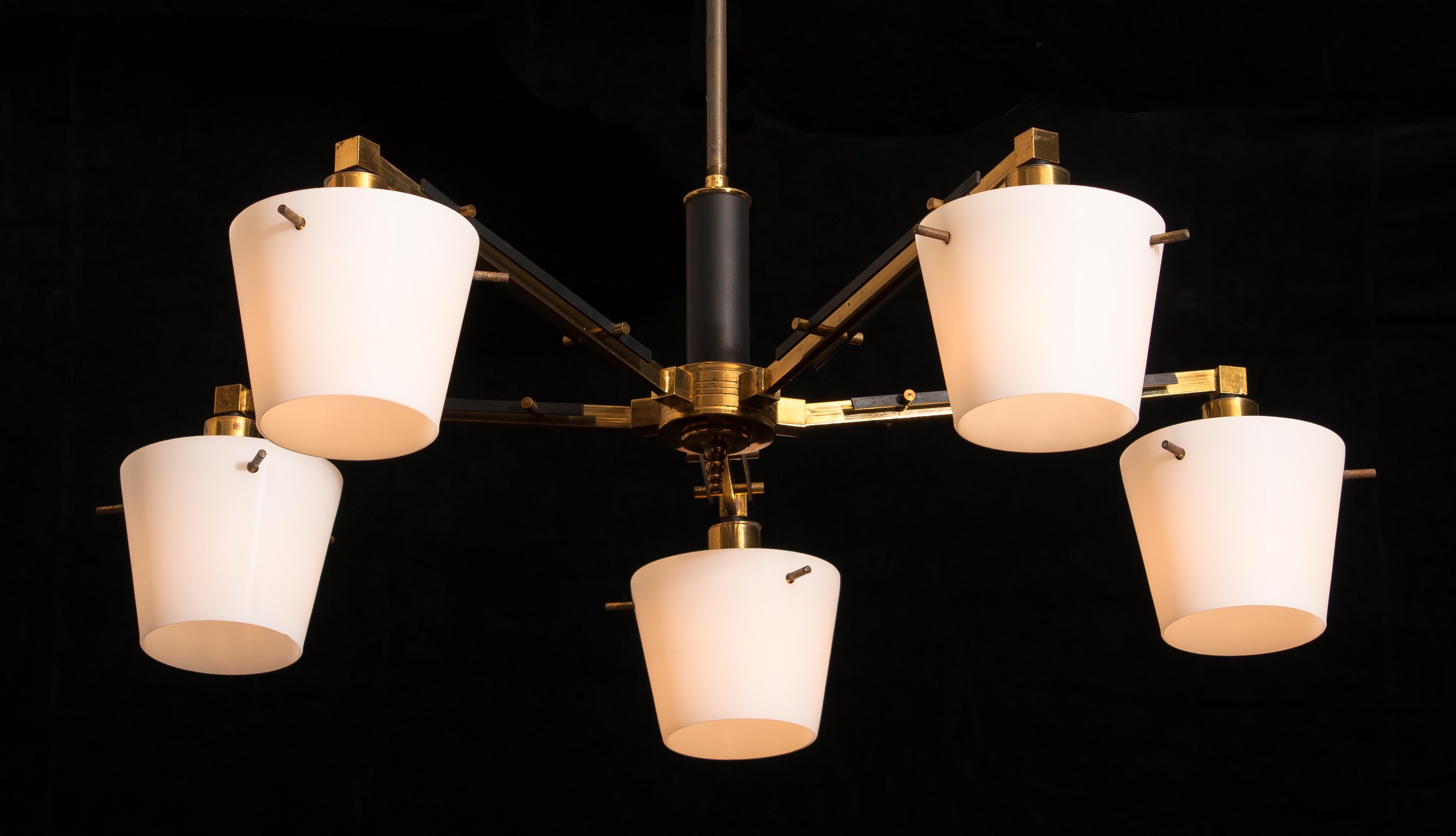 1950s, Brass Chandelier with Frosted Glass Shades, Italy 2