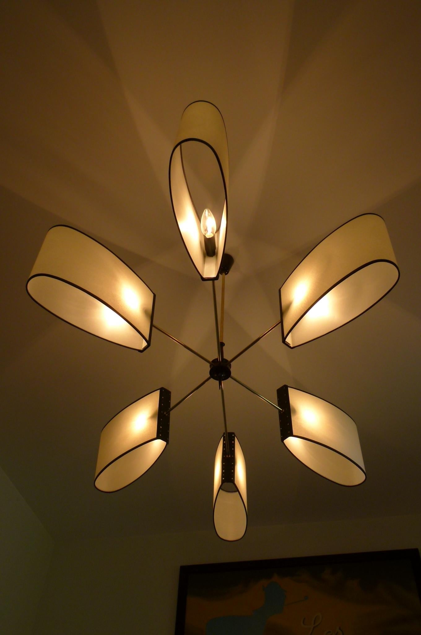 Mid-Century Modern 1950s Brass Chandelier with Six Lighted Arms by Maison Lunel