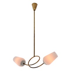 Vintage 1950s Brass Chandelier with Twin Opaline Glass Shades