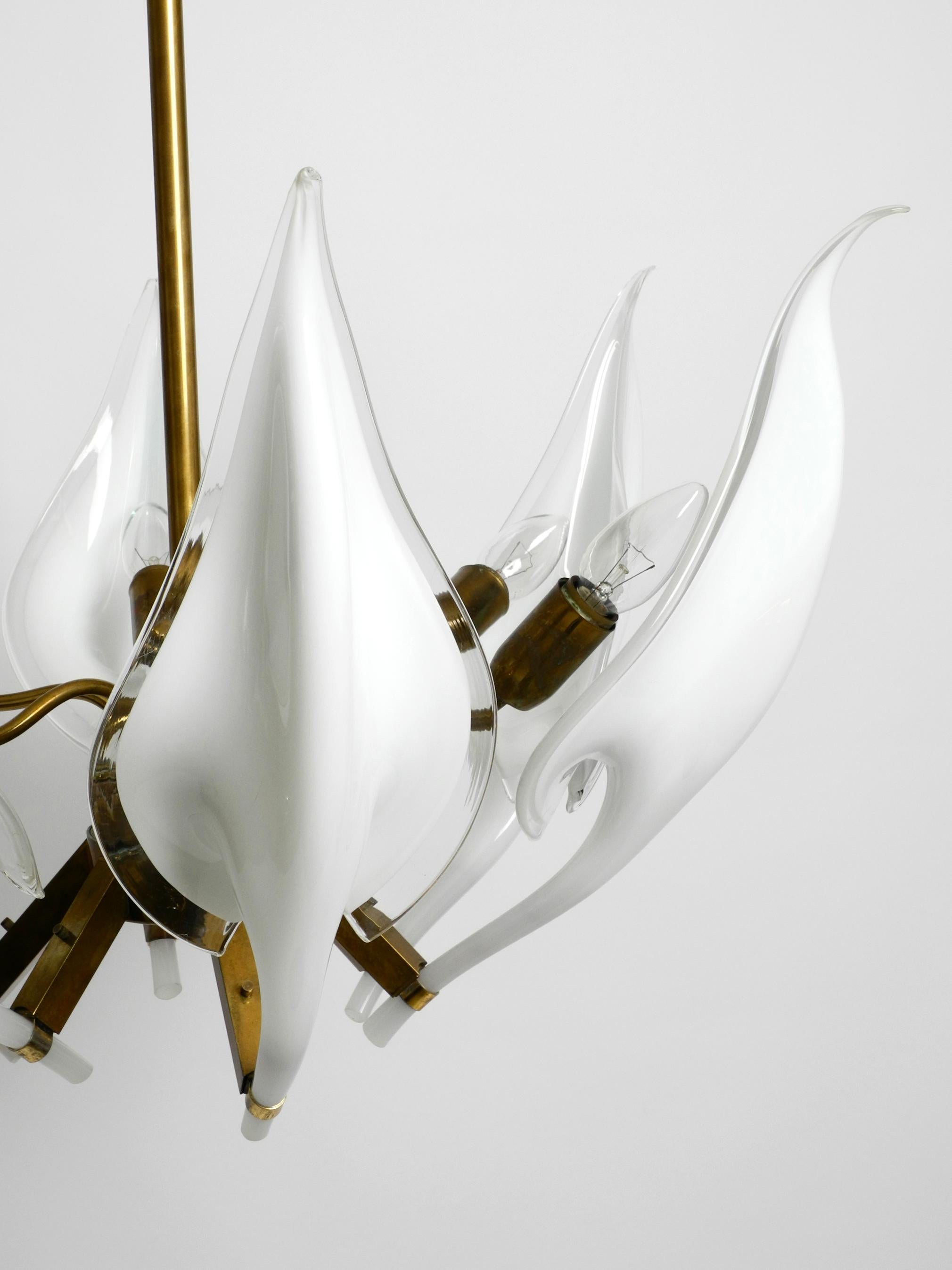 Mid-20th Century 1950s Brass Chandelier with White and Transparent Murano Glasses by Franco Luce For Sale