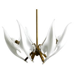 1950s Brass Chandelier with White and Transparent Murano Glasses by Franco Luce