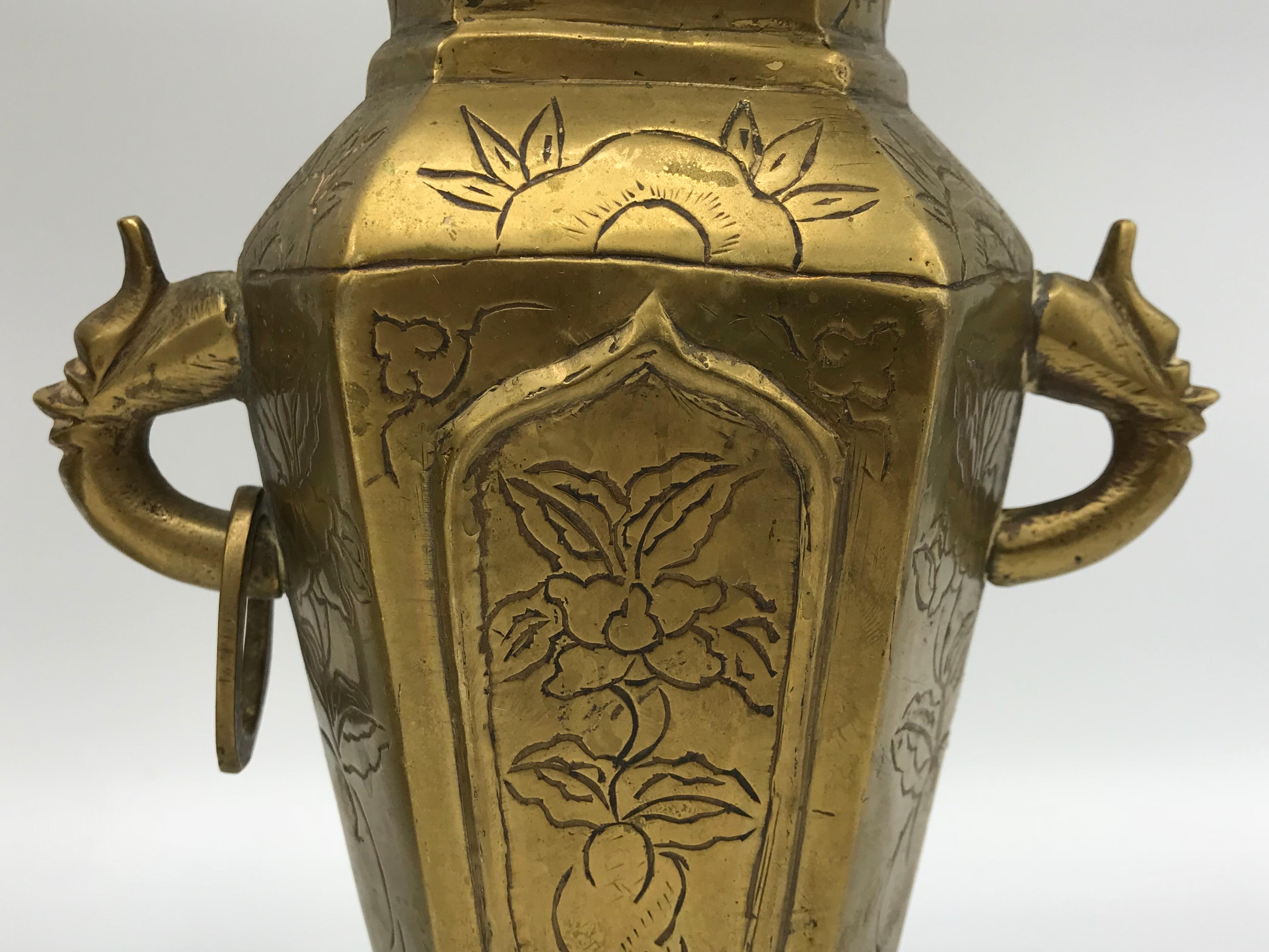 1950s Brass Chinoiserie Censor Vases, Pair 6