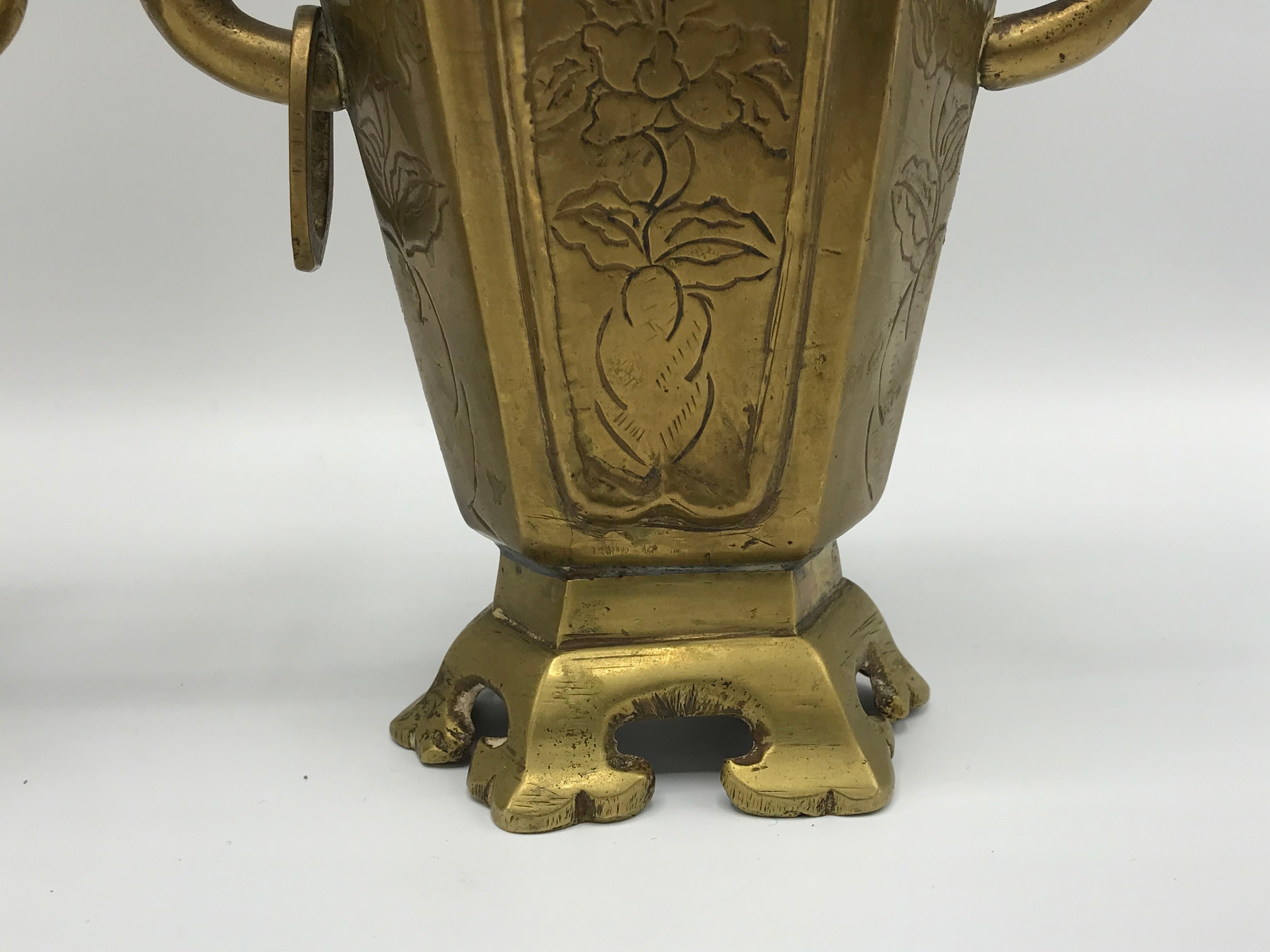 1950s Brass Chinoiserie Censor Vases, Pair 7