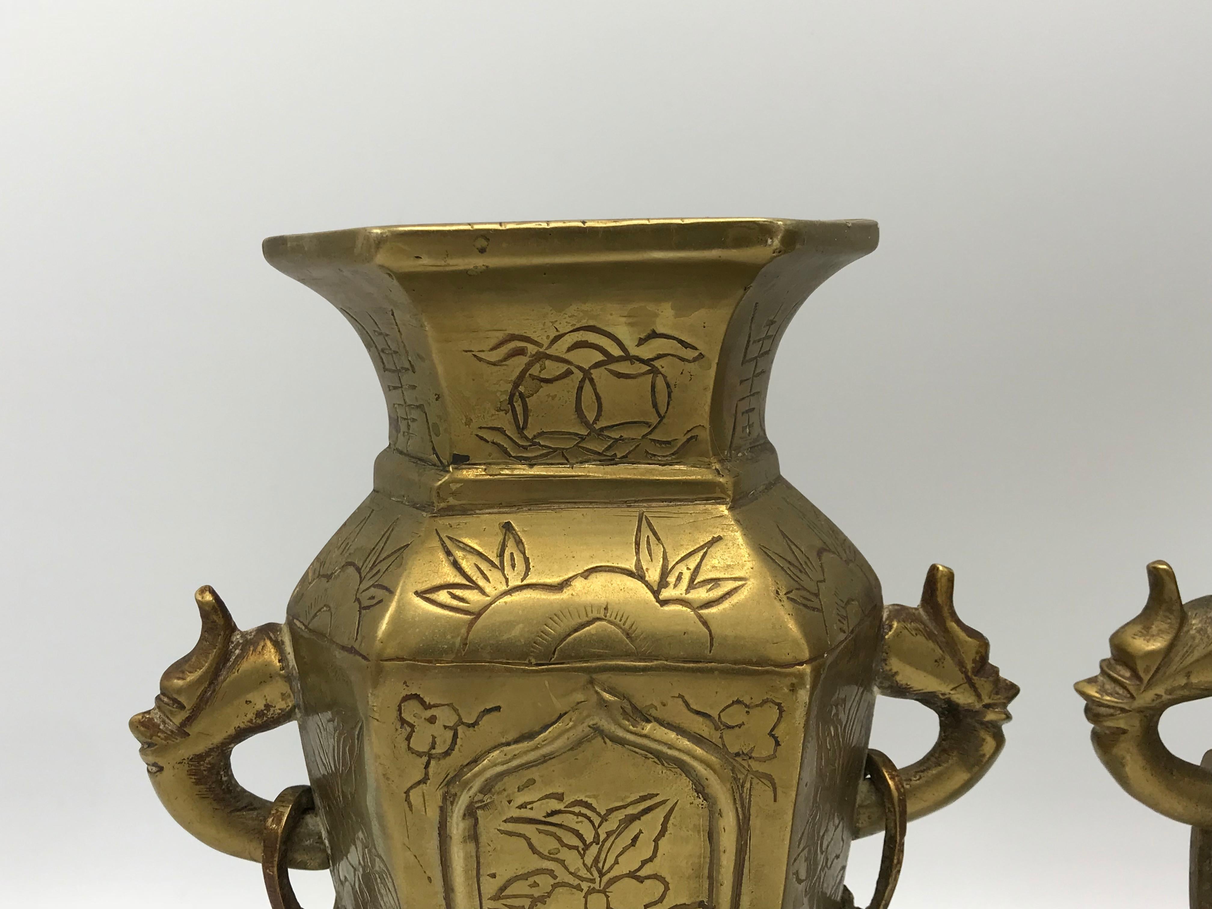 1950s Brass Chinoiserie Censor Vases, Pair 2