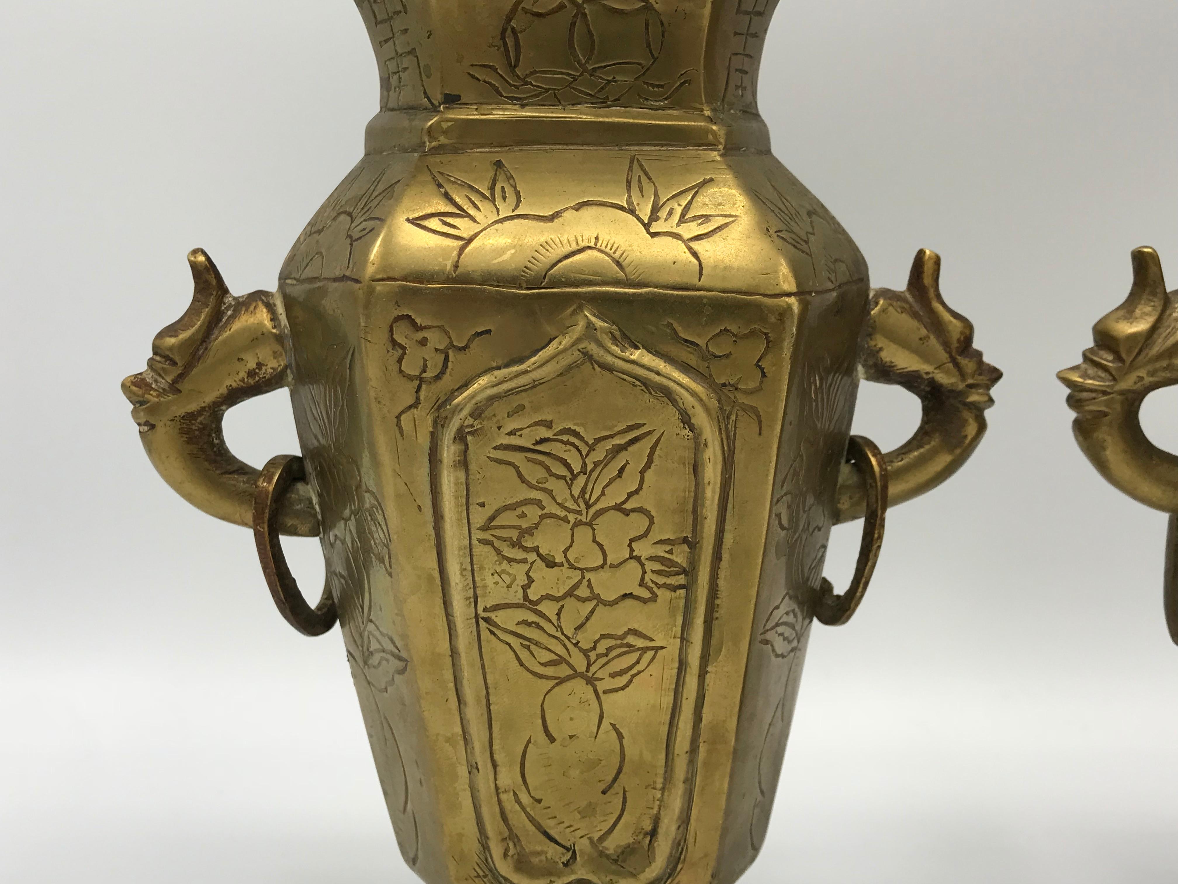 1950s Brass Chinoiserie Censor Vases, Pair 3