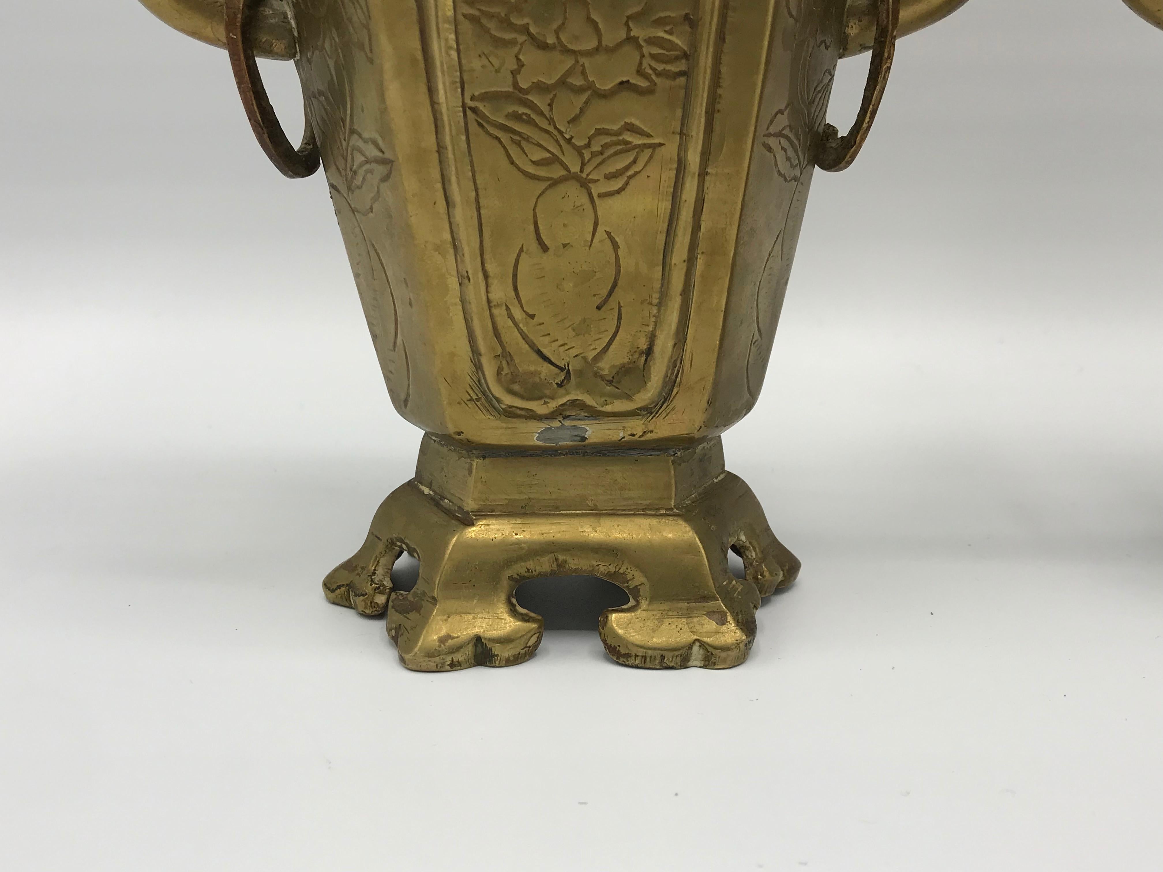 1950s Brass Chinoiserie Censor Vases, Pair 4
