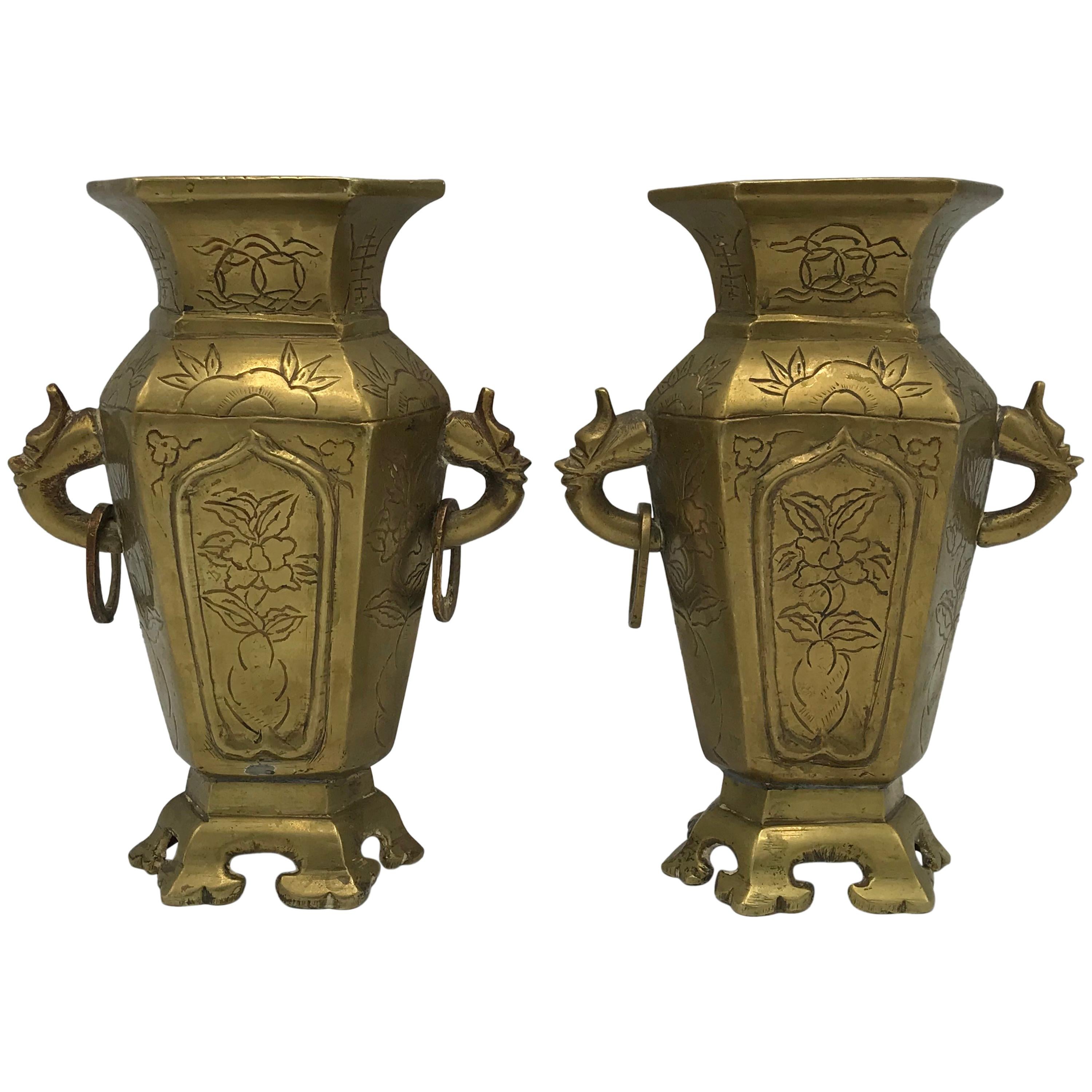 1950s Brass Chinoiserie Censor Vases, Pair