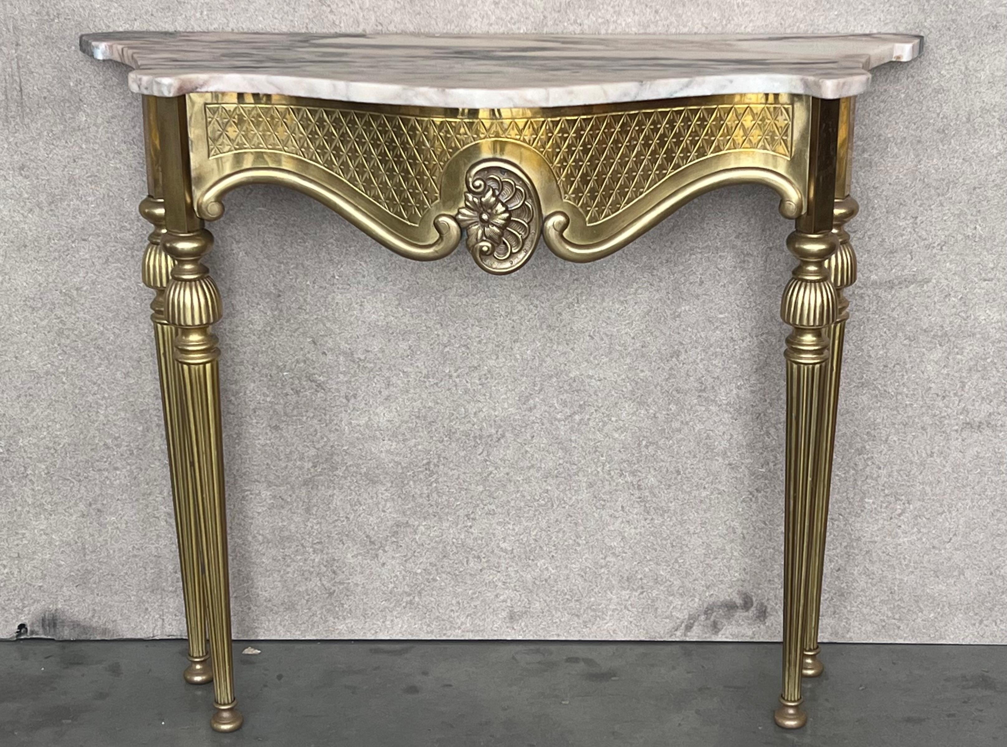 1950s Brass console table with marble top.
