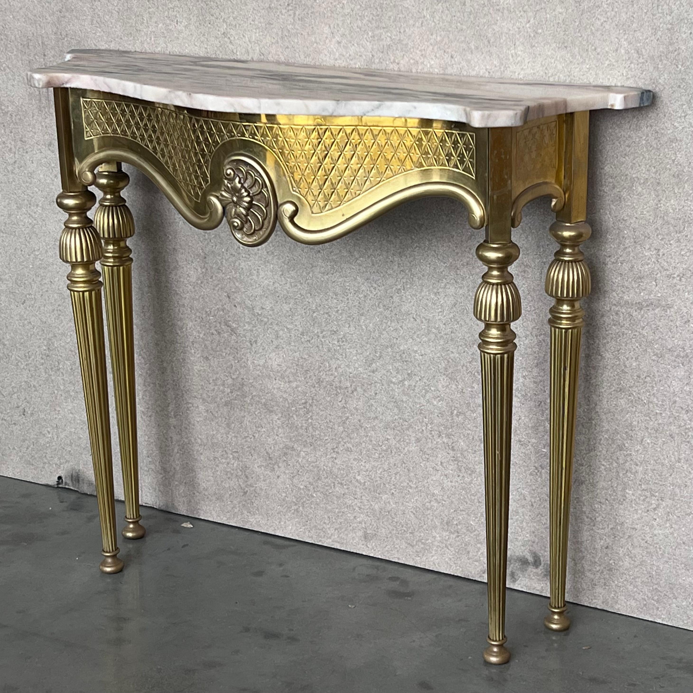 Mid-Century Modern 1950s Brass Console Table with Marble Top For Sale