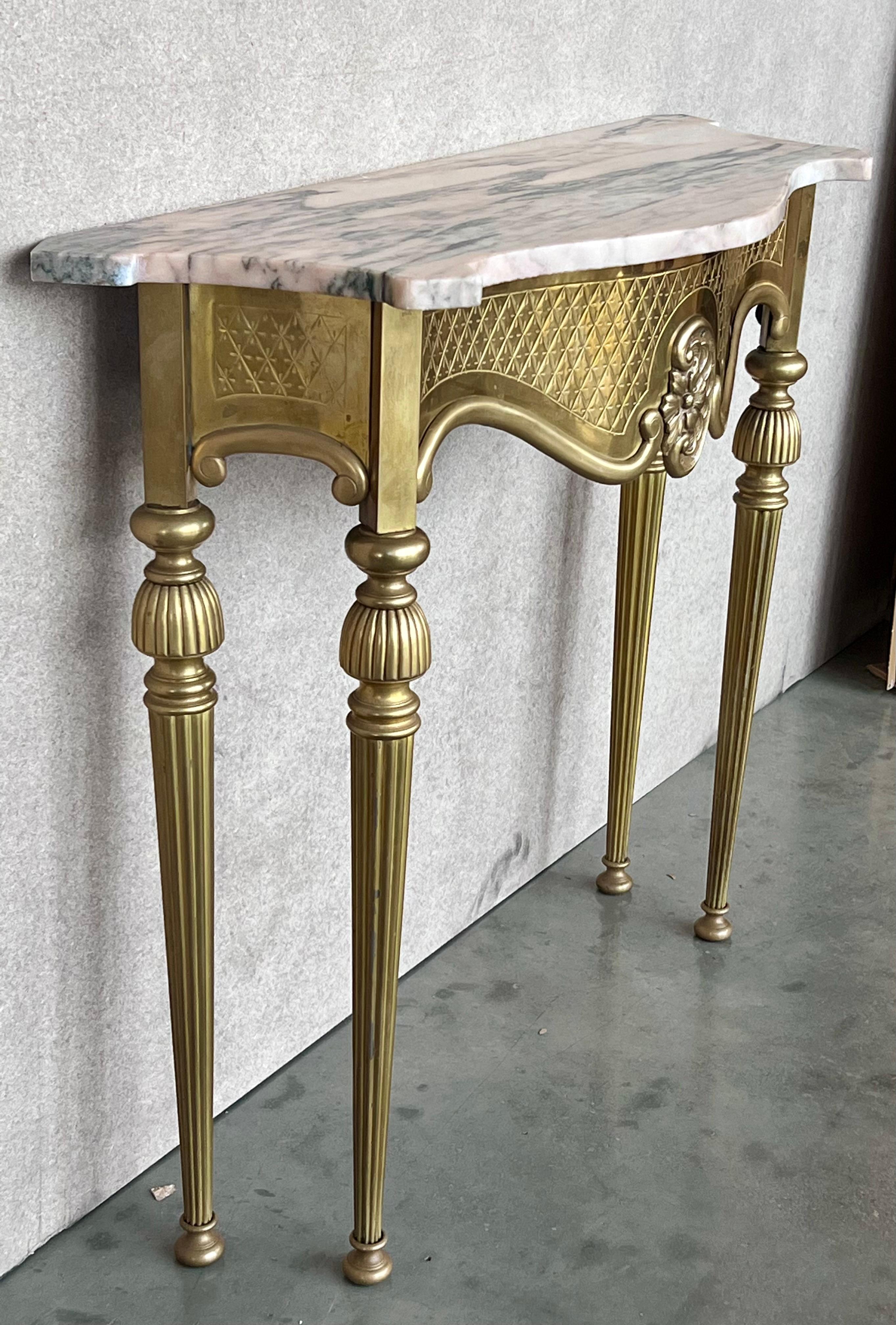 Italian 1950s Brass Console Table with Marble Top For Sale