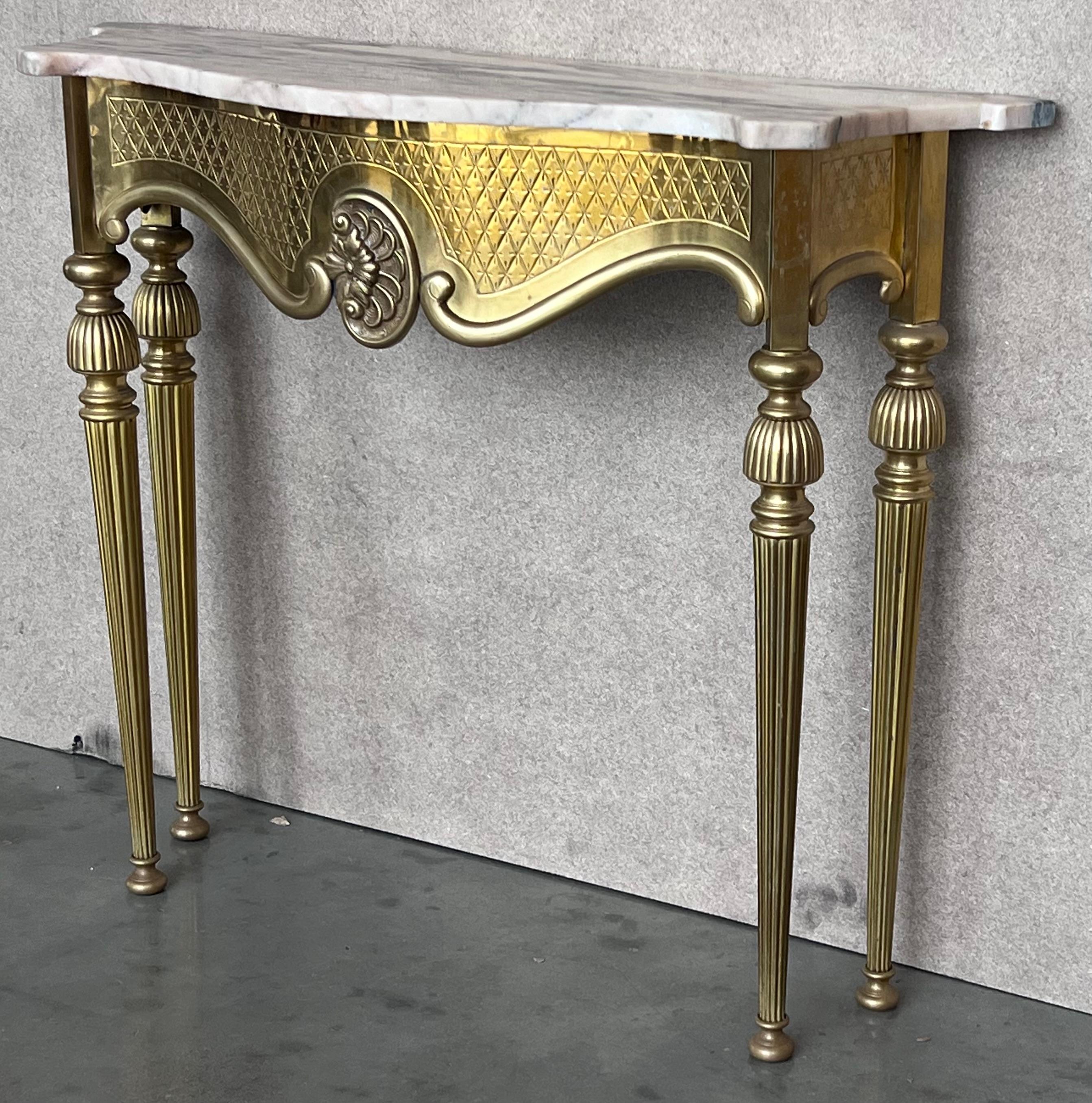 1950s Brass Console Table with Marble Top In Good Condition For Sale In Miami, FL