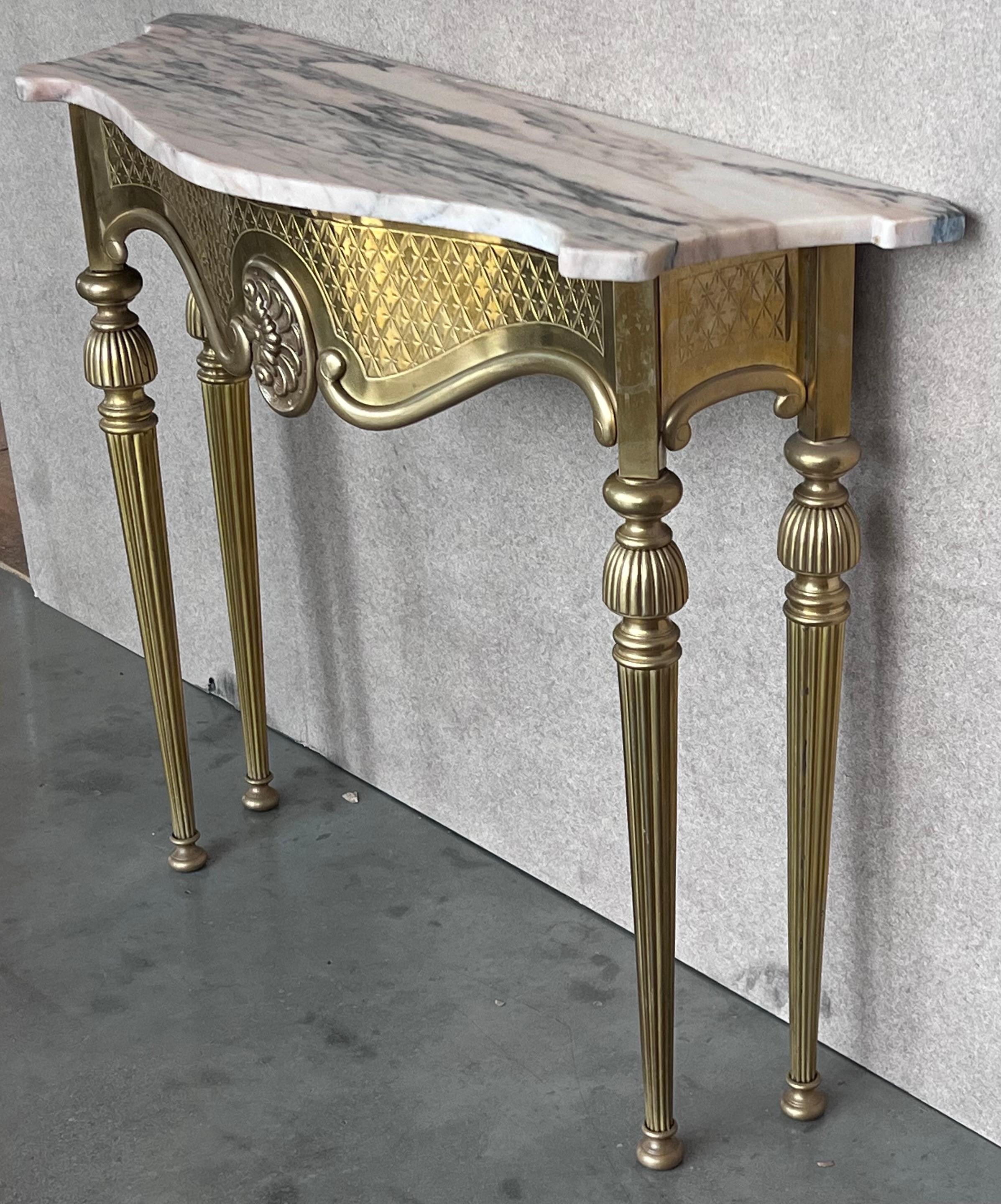 20th Century 1950s Brass Console Table with Marble Top For Sale