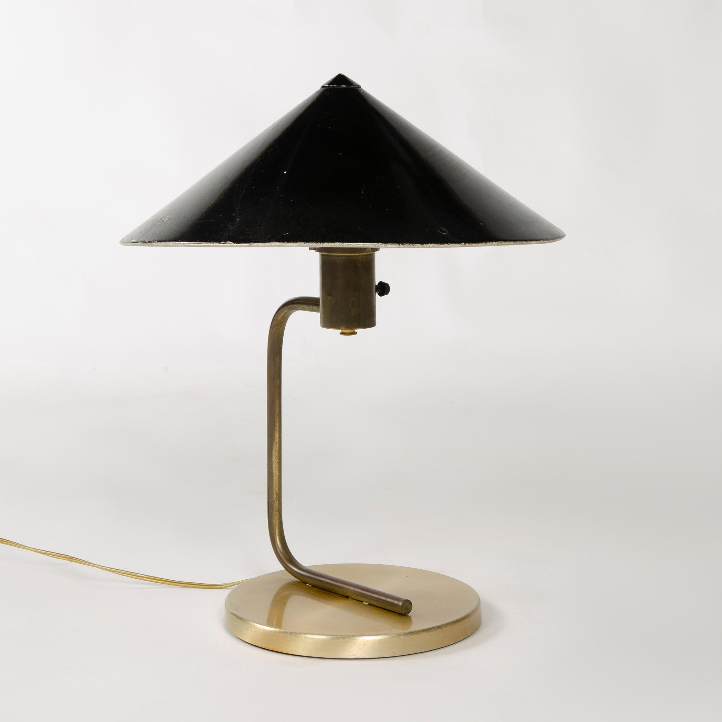 Mid-Century Modern 1950s Brass Desk Lamp with Black Enameled Conical Shade 
