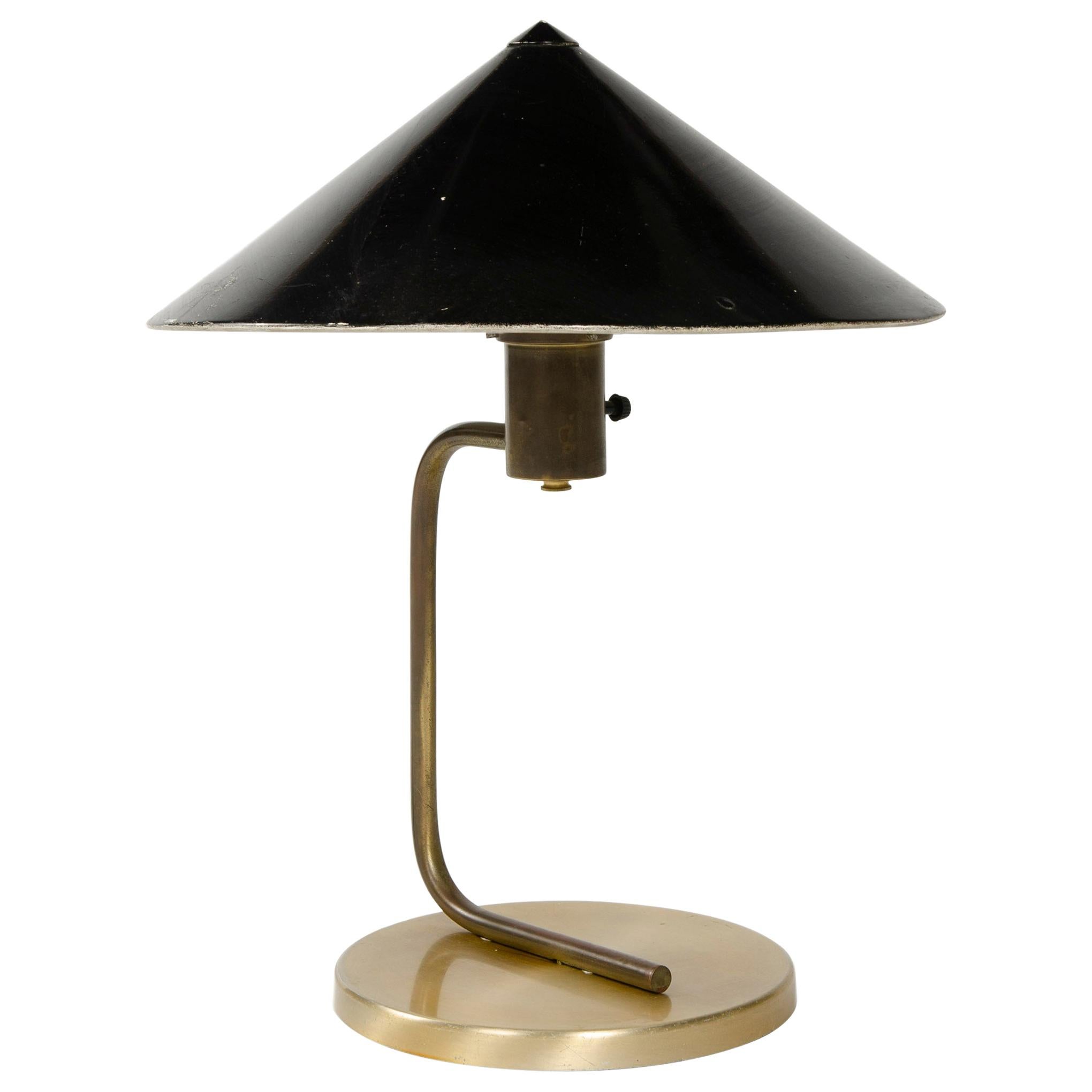 1950s Brass Desk Lamp with Black Enameled Conical Shade 