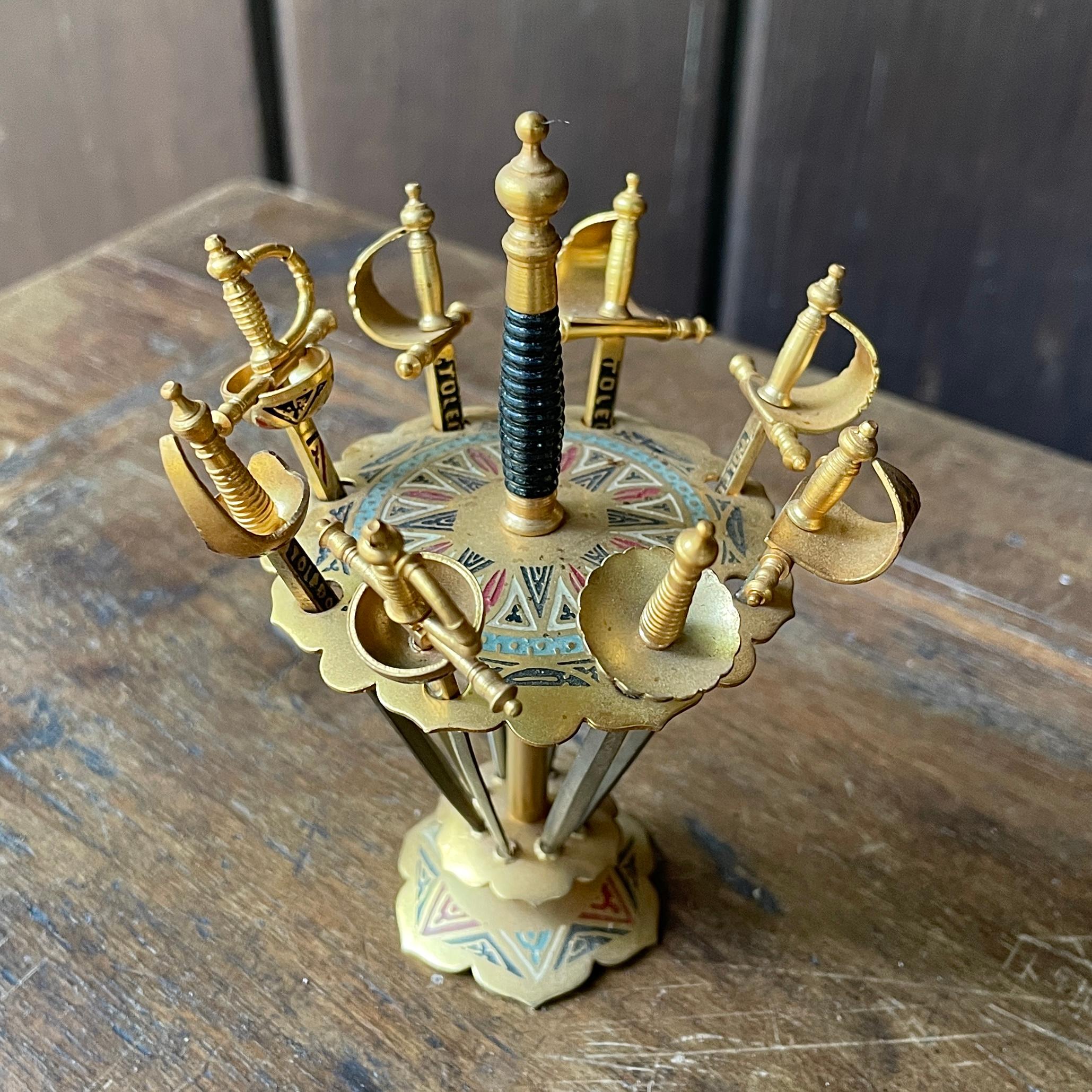 Espagnol 1950s Brass + Enamel Martini Cocktail Swords Vintage Mid-Century Mad Men en vente