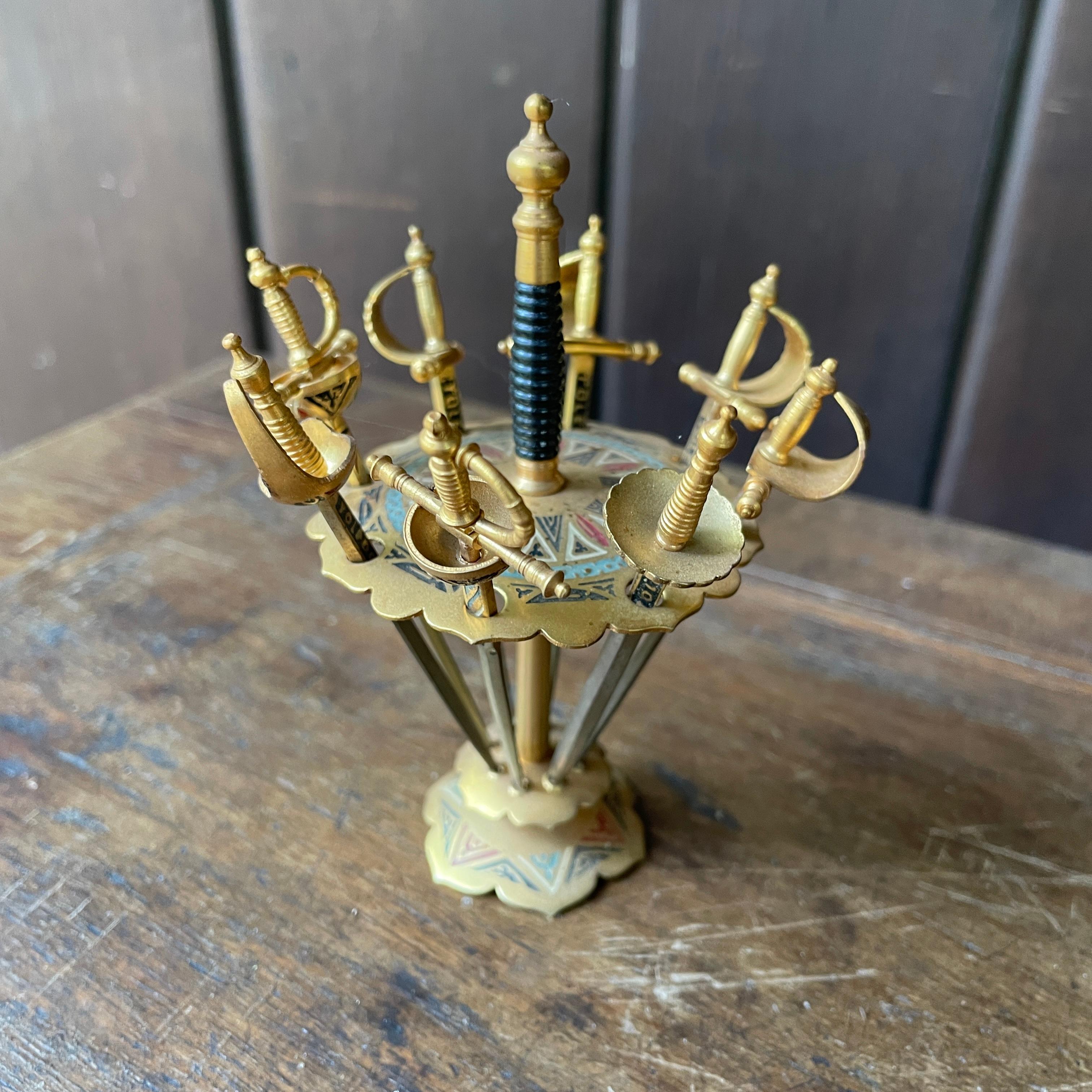 Fait à la machine 1950s Brass + Enamel Martini Cocktail Swords Vintage Mid-Century Mad Men en vente