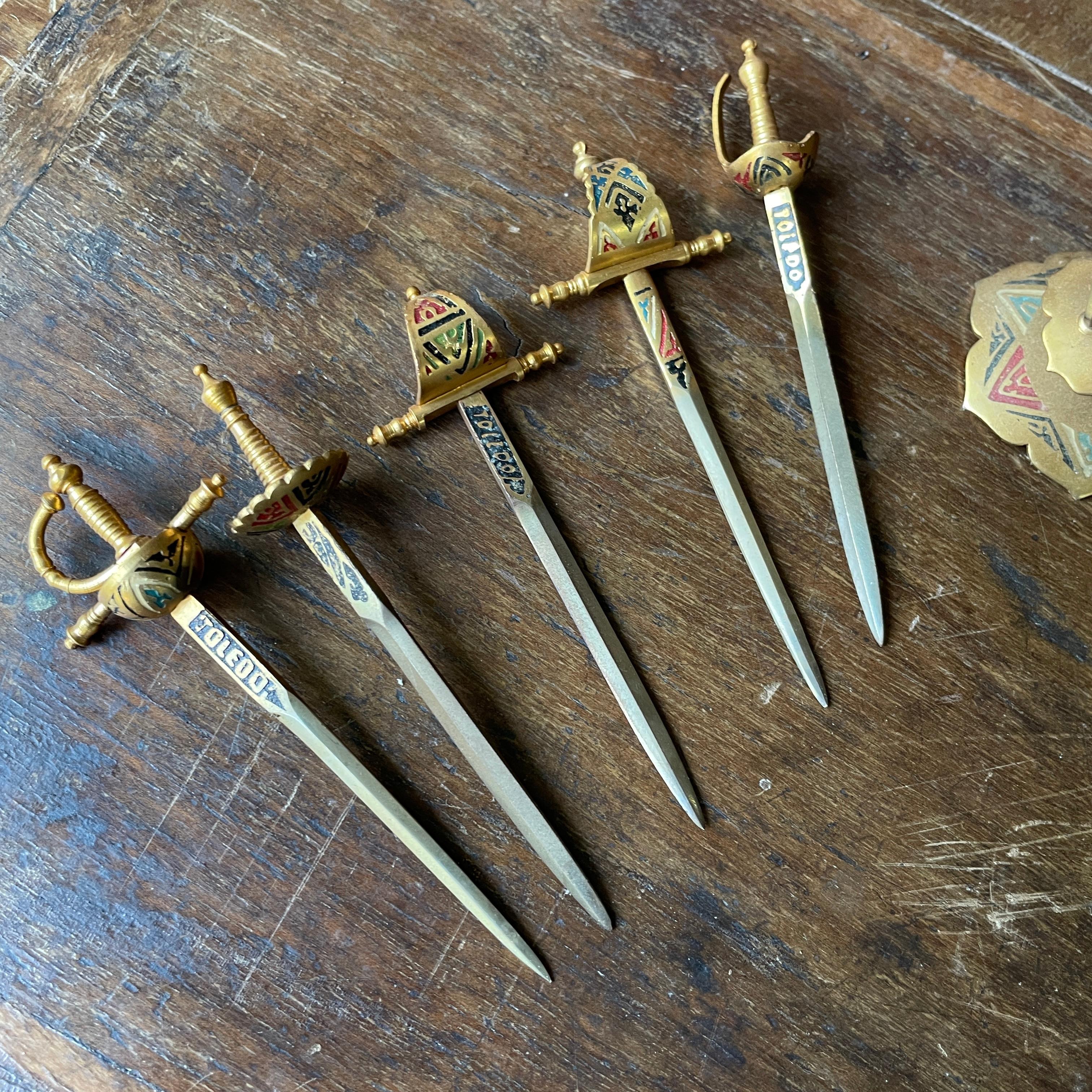 Laiton 1950s Brass + Enamel Martini Cocktail Swords Vintage Mid-Century Mad Men en vente