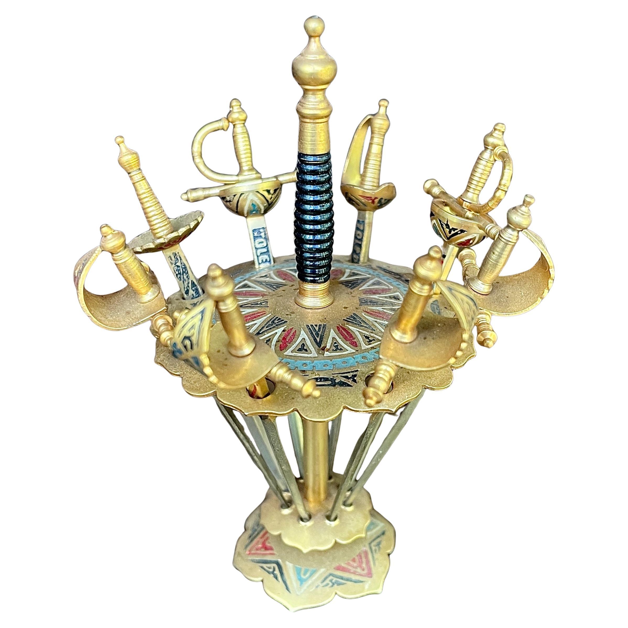 1950s Brass + Enamel Martini Cocktail Swords Vintage Mid-Century Mad Men en vente
