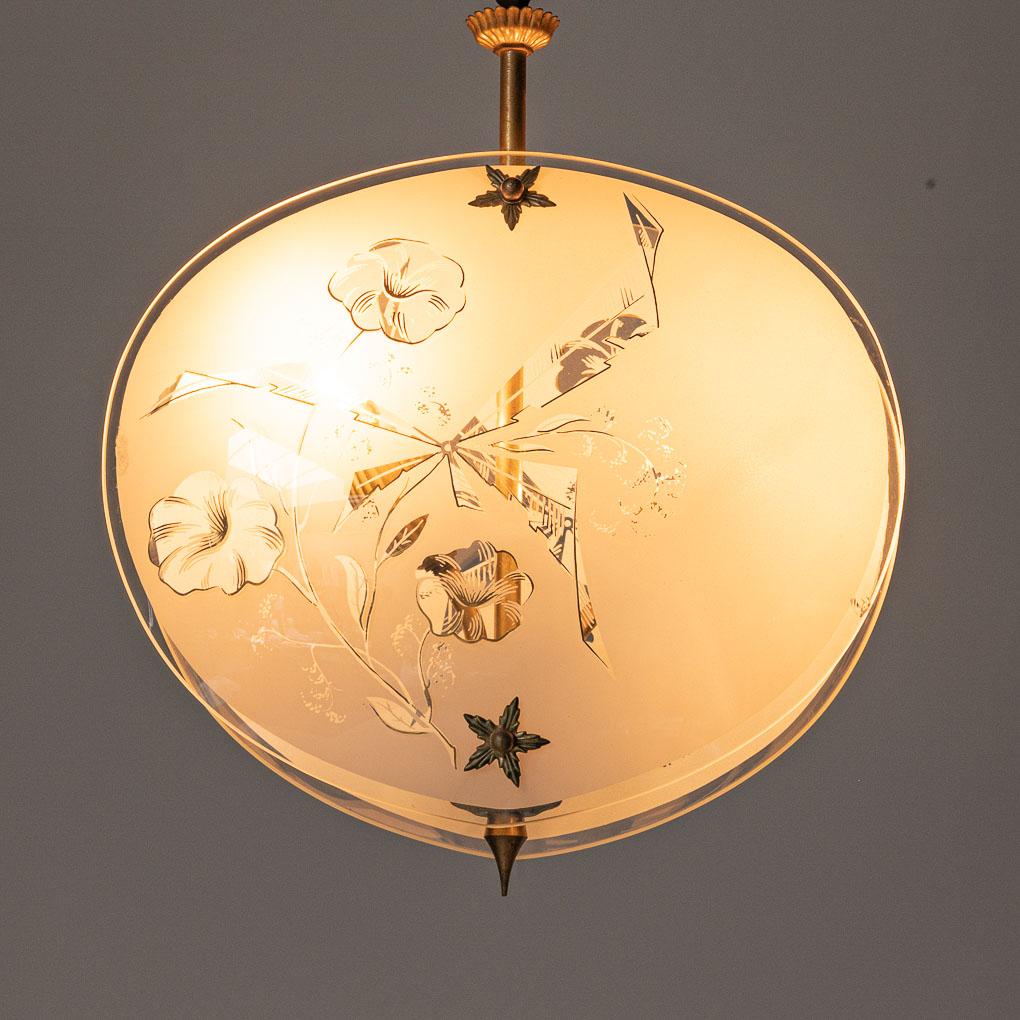 1950's Brass & Etched Glass Pendant For Sale 6