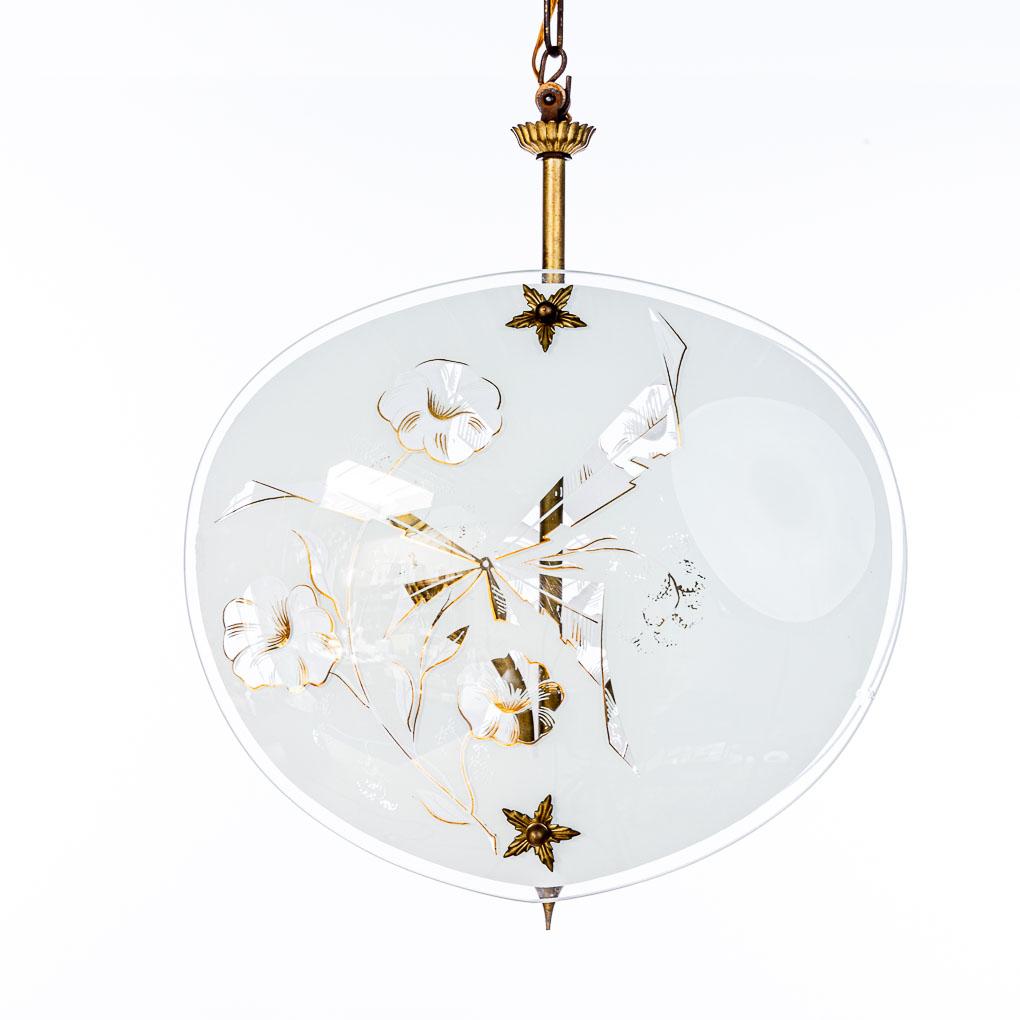Italian 1950's Brass & Etched Glass Pendant For Sale