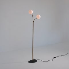 1950s Brass Floor Lamp with Adjustable Arms and Opaline Glass Globes