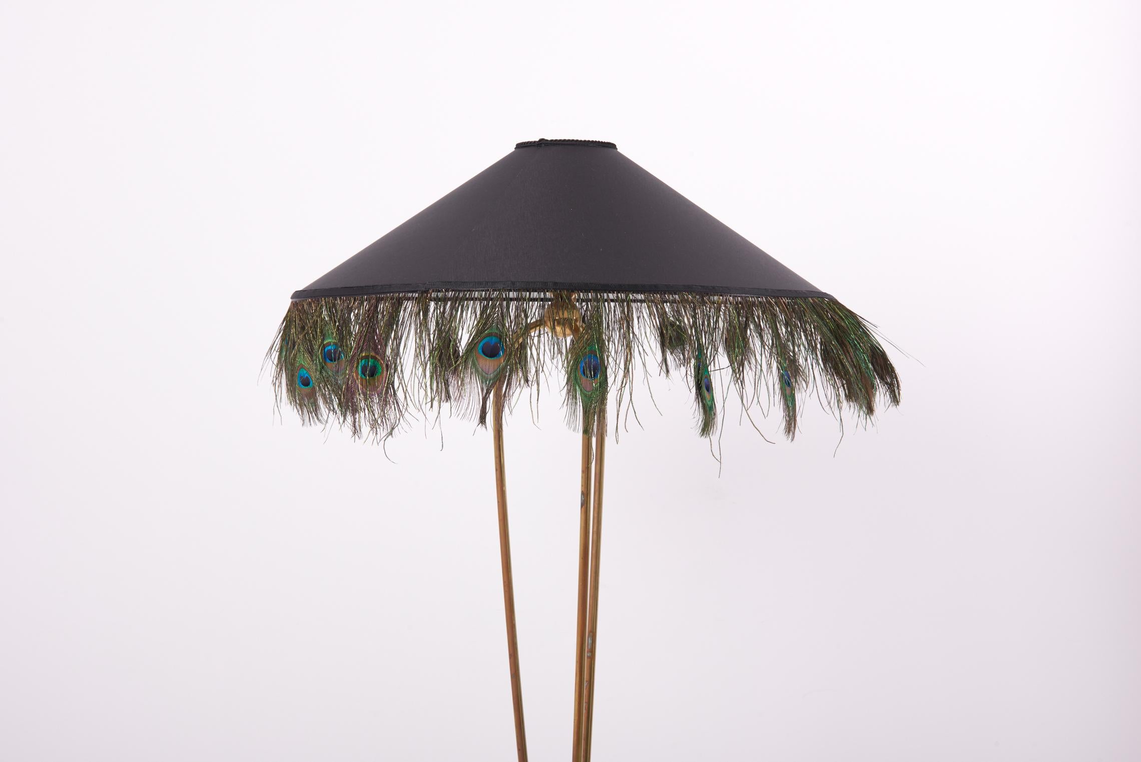 Mid-Century Modern 1950s Brass Floor Lamp with Peacock Feathers