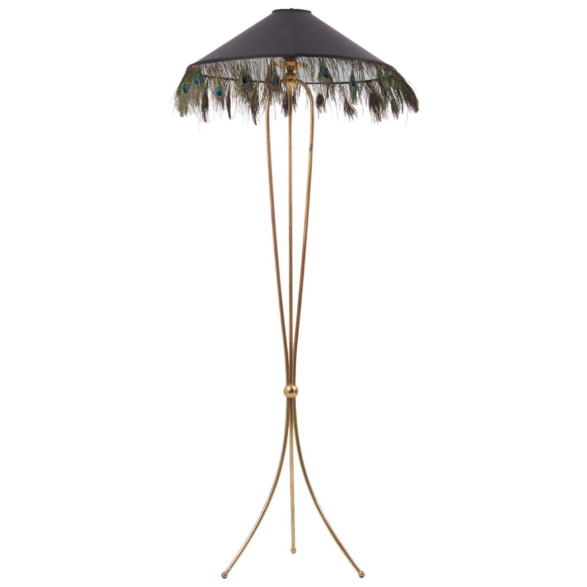 1950s Brass Floor Lamp with Peacock Feathers